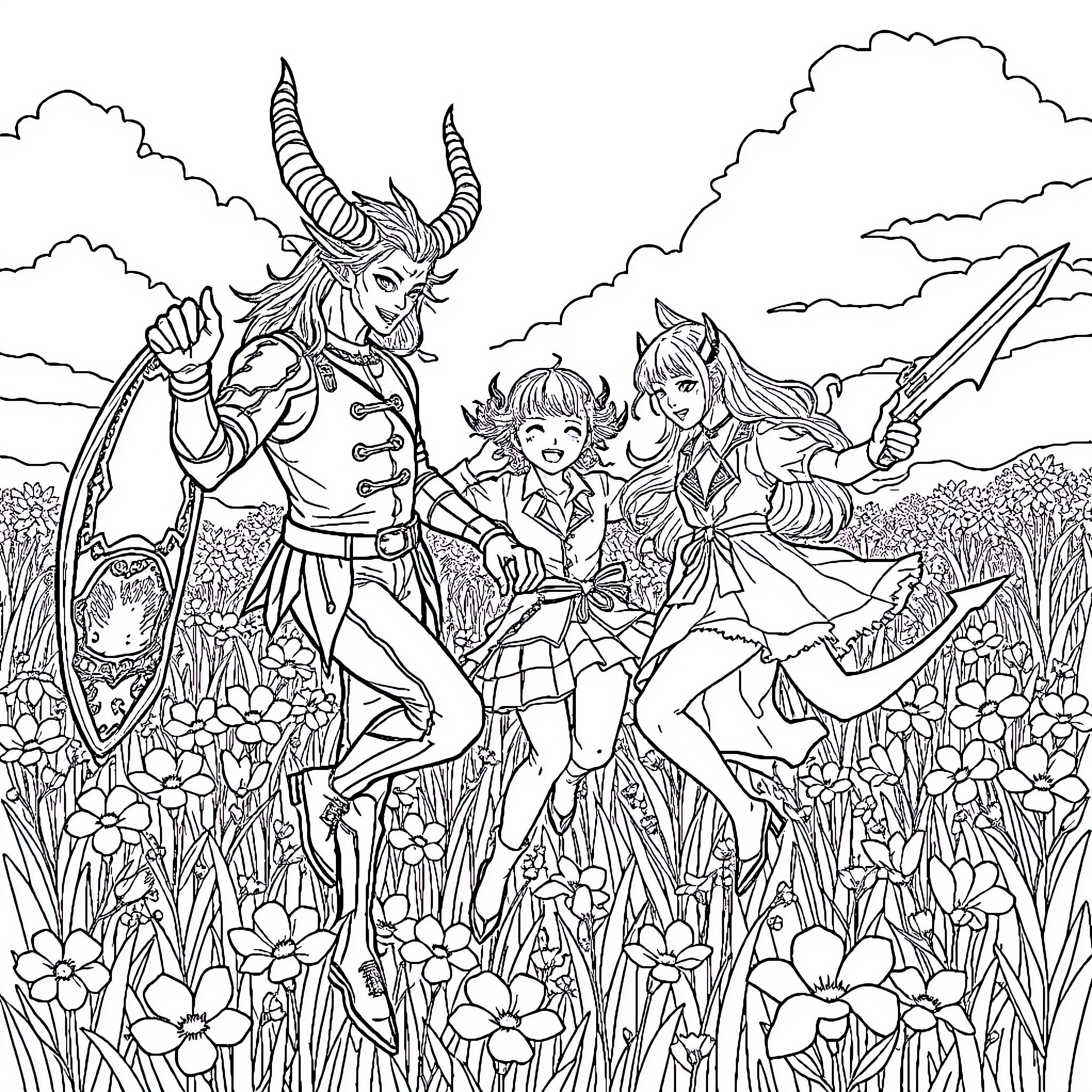 Demon Hunter Heroes Battling Fearsome Foes in Fantastical Field Coloring Page (free black-and-white line drawing printable PDF for all, from beginners to advanced learners, including children, teens, adults, and seniors)