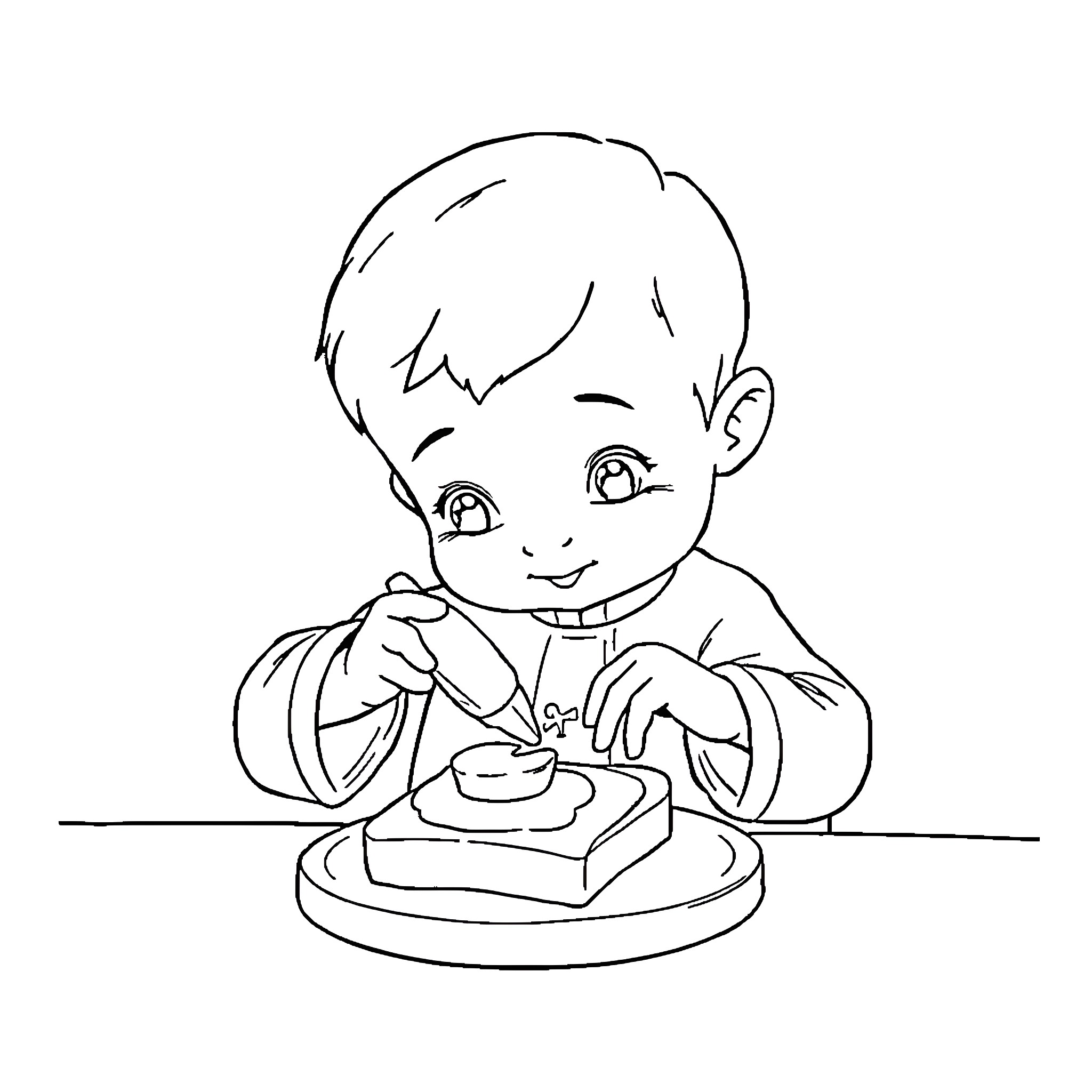 Toddler enjoying a tasty snack Coloring Page (free black-and-white line drawing printable PDF for all, from beginners to advanced learners, including children, teens, adults, and seniors)