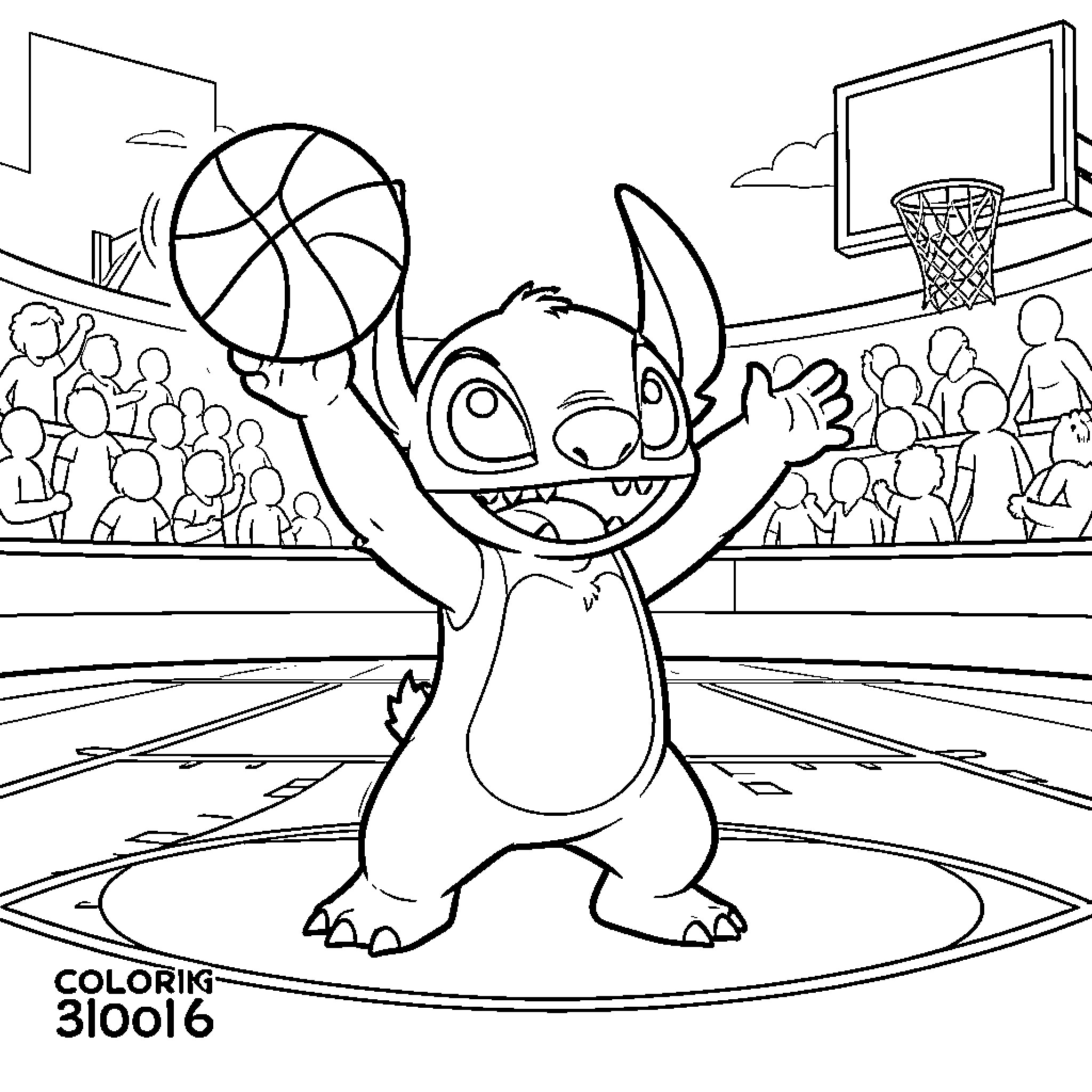 Stitch playing basketball in a stadium with a crowd Coloring Page (free black-and-white line drawing printable PDF for all, from beginners to advanced learners, including children, teens, adults, and seniors)