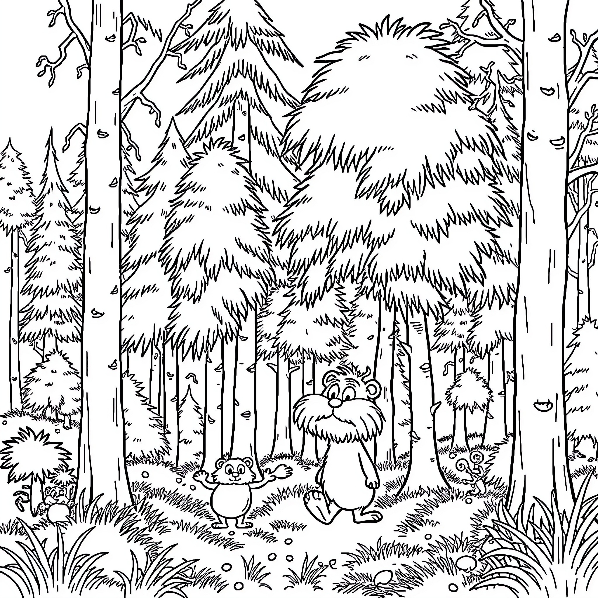 Lorax and friends explore the forest Coloring Page (free black-and-white line drawing printable PDF for all, from beginners to advanced learners, including children, teens, adults, and seniors)