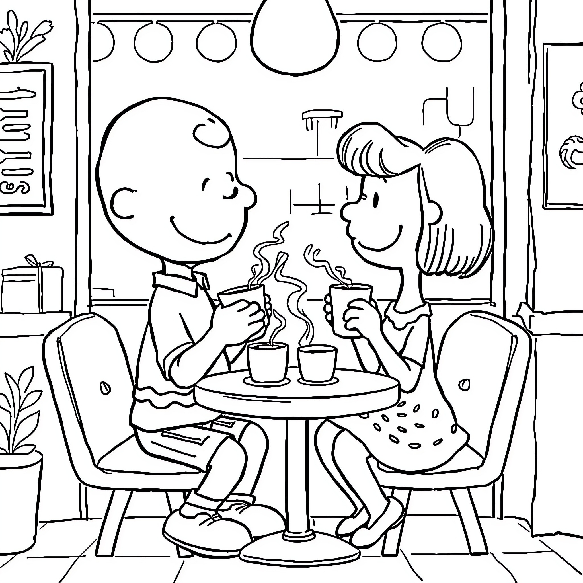 Charlie Brown Enjoying Coffee with a Friend Coloring Page (free black-and-white line drawing printable PDF for all, from beginners to advanced learners, including children, teens, adults, and seniors)