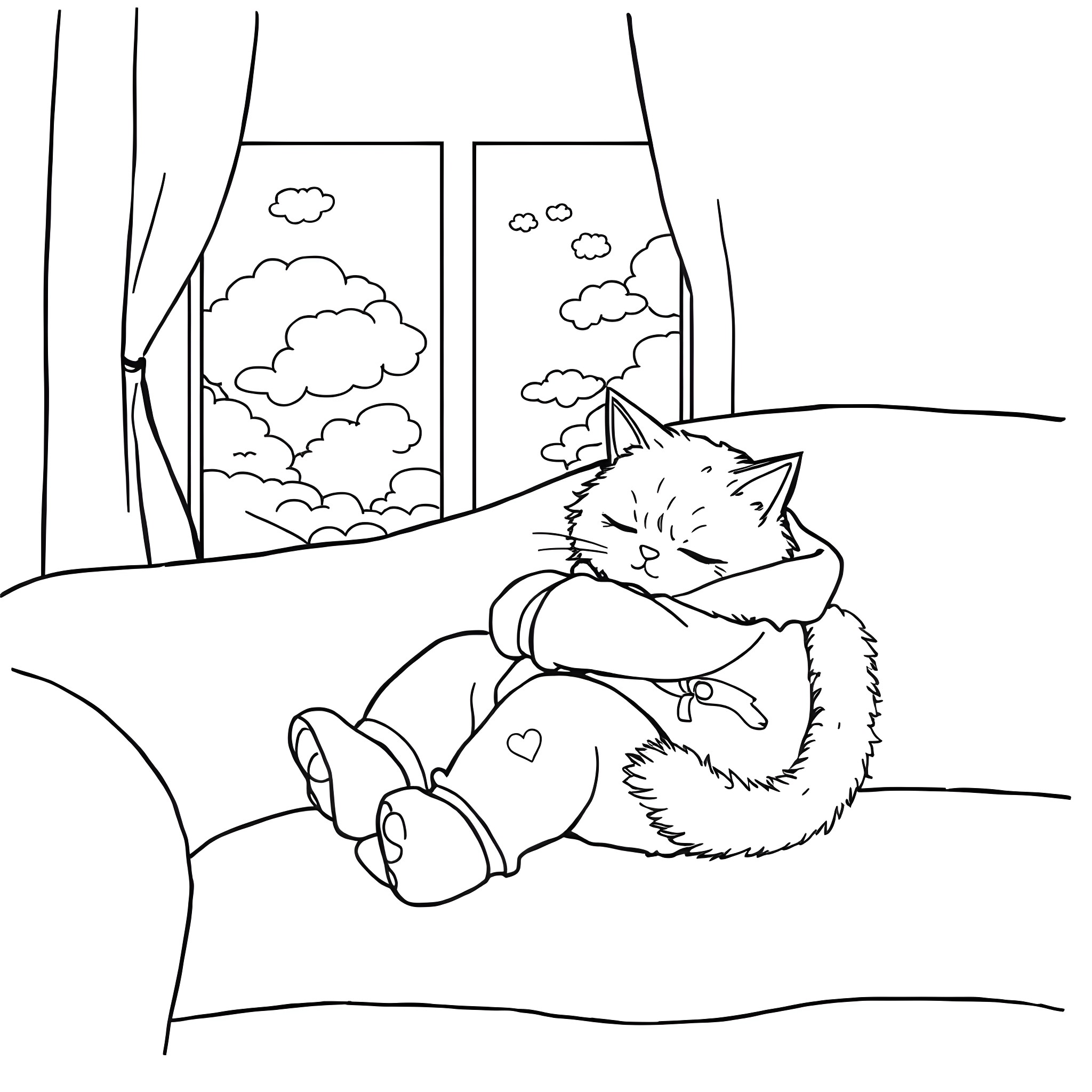 Cat relaxing comfortably on the couch Coloring Page (free black-and-white line drawing printable PDF for all, from beginners to advanced learners, including children, teens, adults, and seniors)