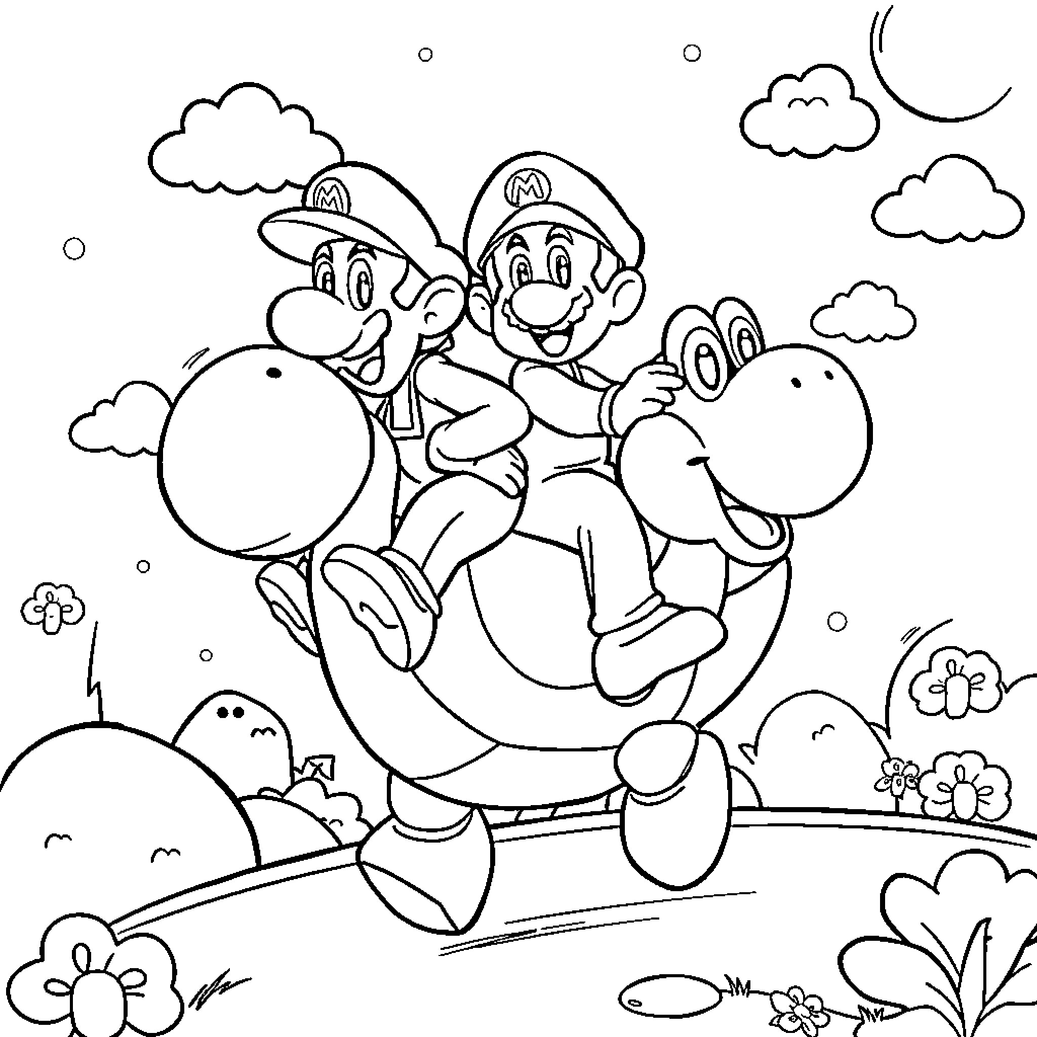 Mario and Luigi exploring the fantastical landscape Coloring Page (free black-and-white line drawing printable PDF for all, from beginners to advanced learners, including children, teens, adults, and seniors)