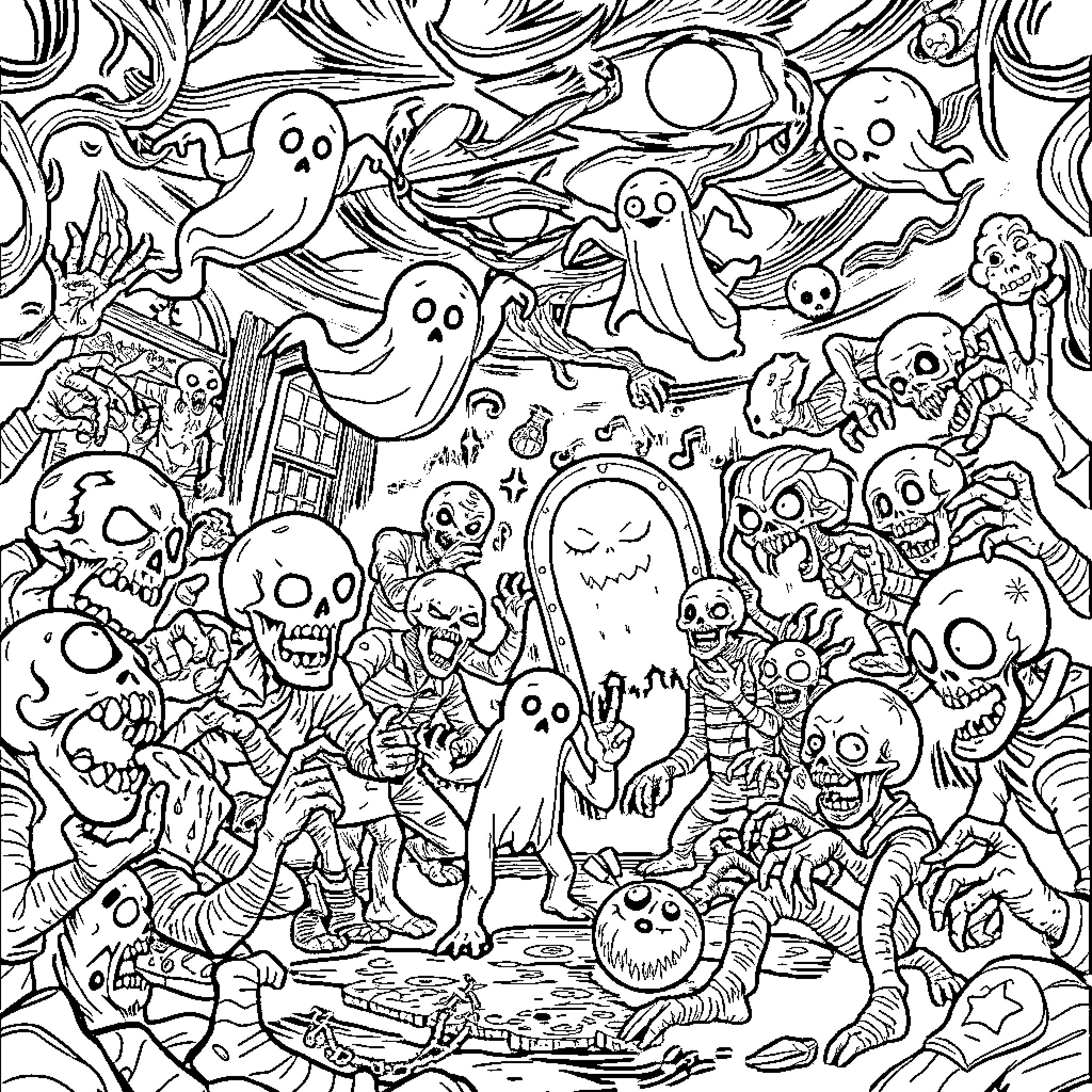 Monster Mayhem: A Chaotic Halloween Celebration Coloring Page (free black-and-white line drawing printable PDF for all, from beginners to advanced learners, including children, teens, adults, and seniors)