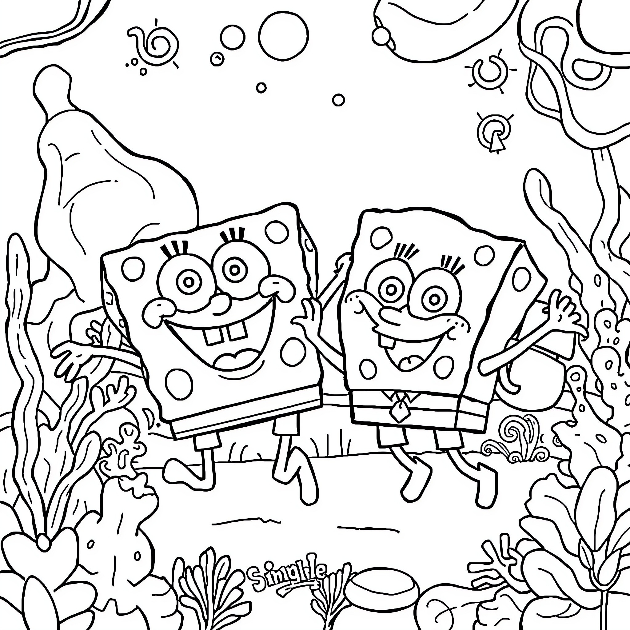Spongebob and Patrick in Underwater Adventure Coloring Page (free black-and-white line drawing printable PDF for all, from beginners to advanced learners, including children, teens, adults, and seniors)