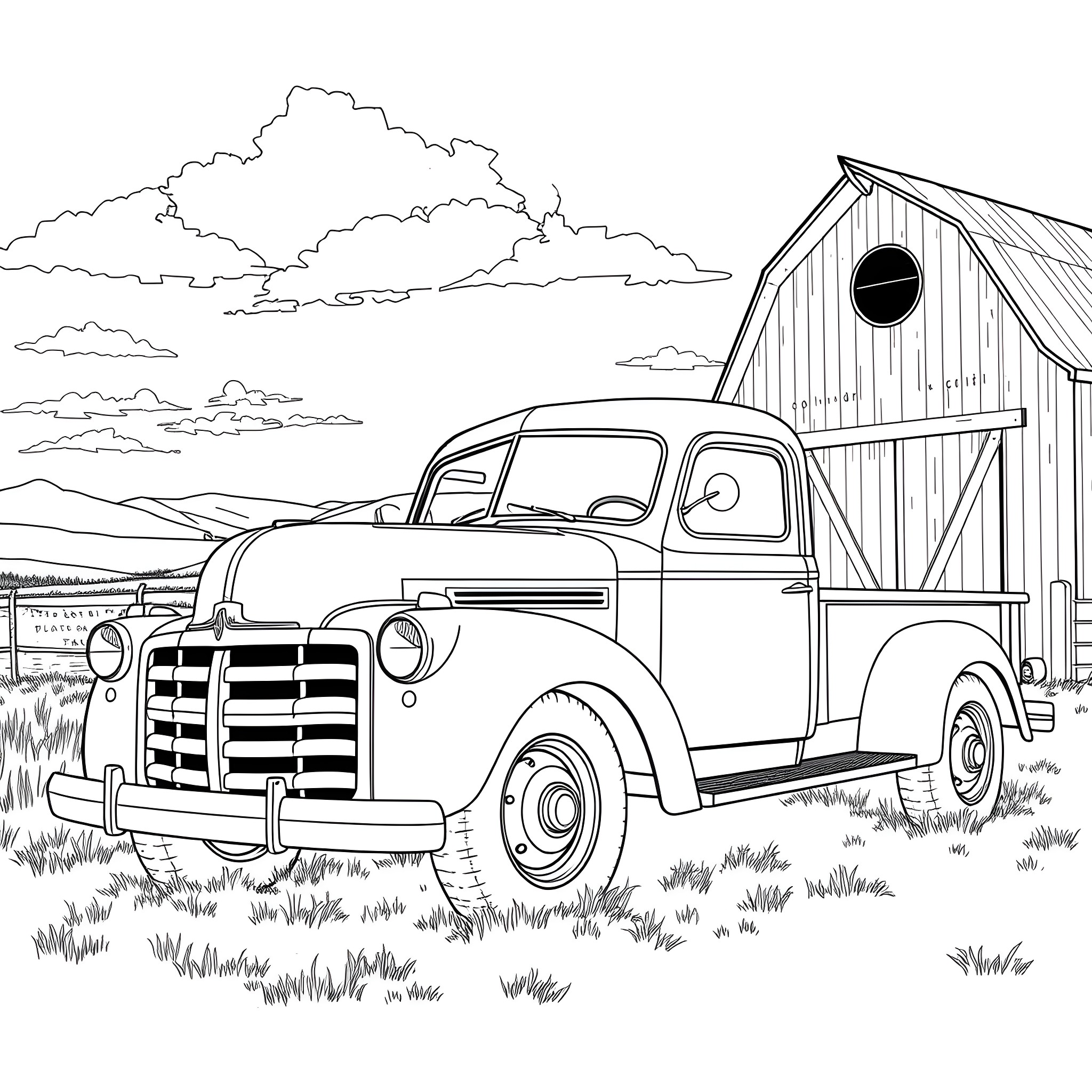 Truck parked in front of a rustic barn on a rural landscape Coloring Page (free black-and-white line drawing printable PDF for all, from beginners to advanced learners, including children, teens, adults, and seniors)