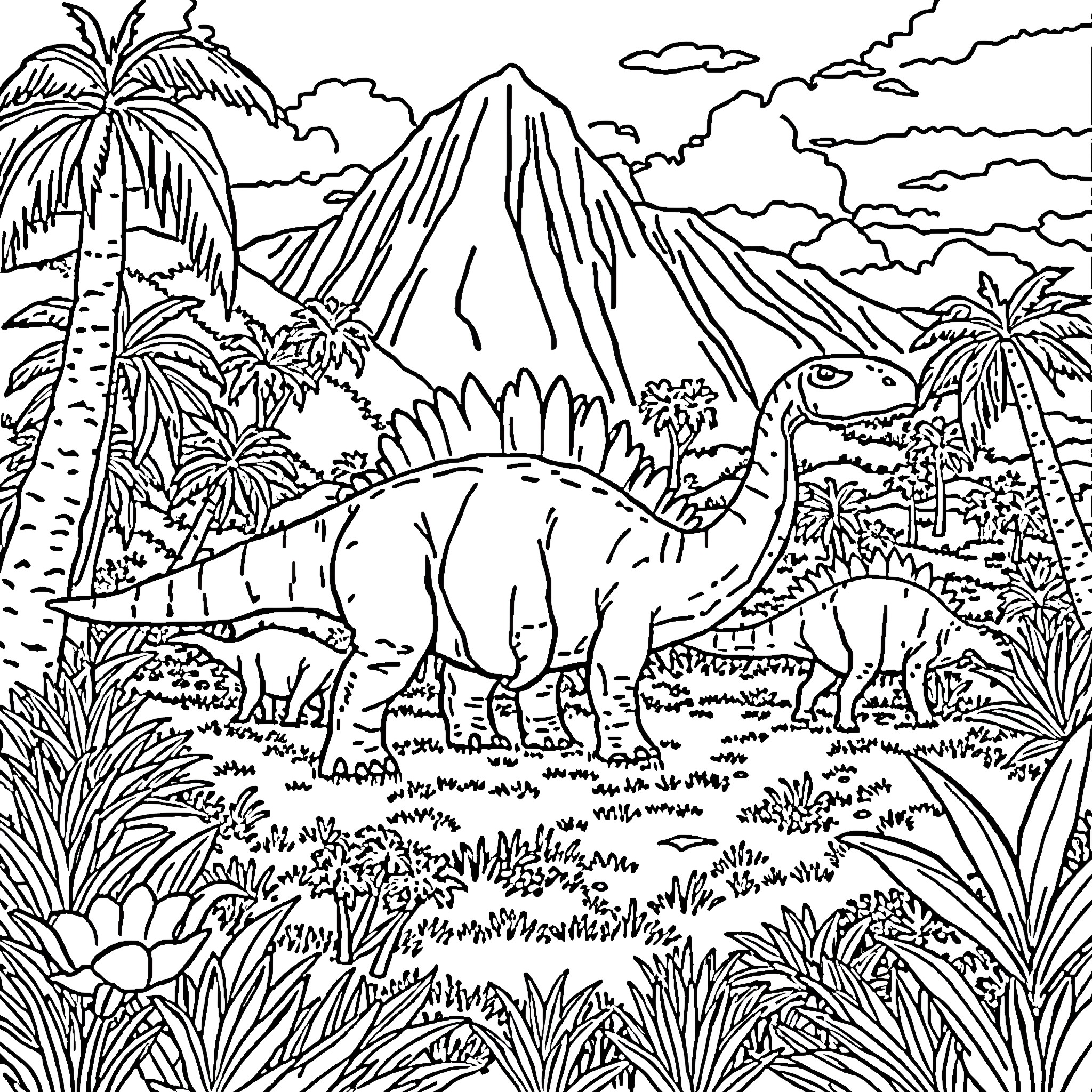 Dinosaur roaming through lush tropical landscape Coloring Page (free black-and-white line drawing printable PDF for all, from beginners to advanced learners, including children, teens, adults, and seniors)