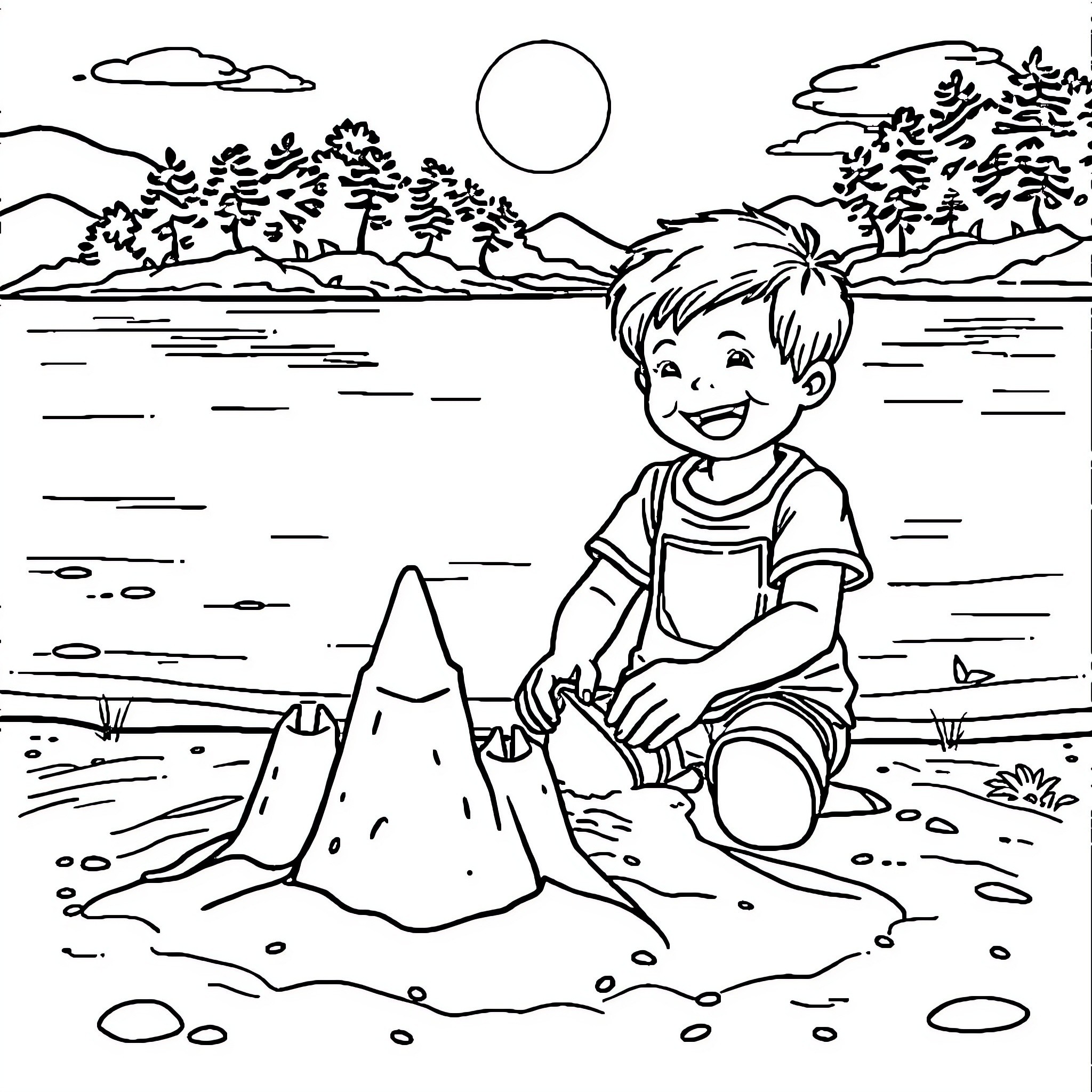 Child building sandcastle on the beach Coloring Page (free black-and-white line drawing printable PDF for all, from beginners to advanced learners, including children, teens, adults, and seniors)