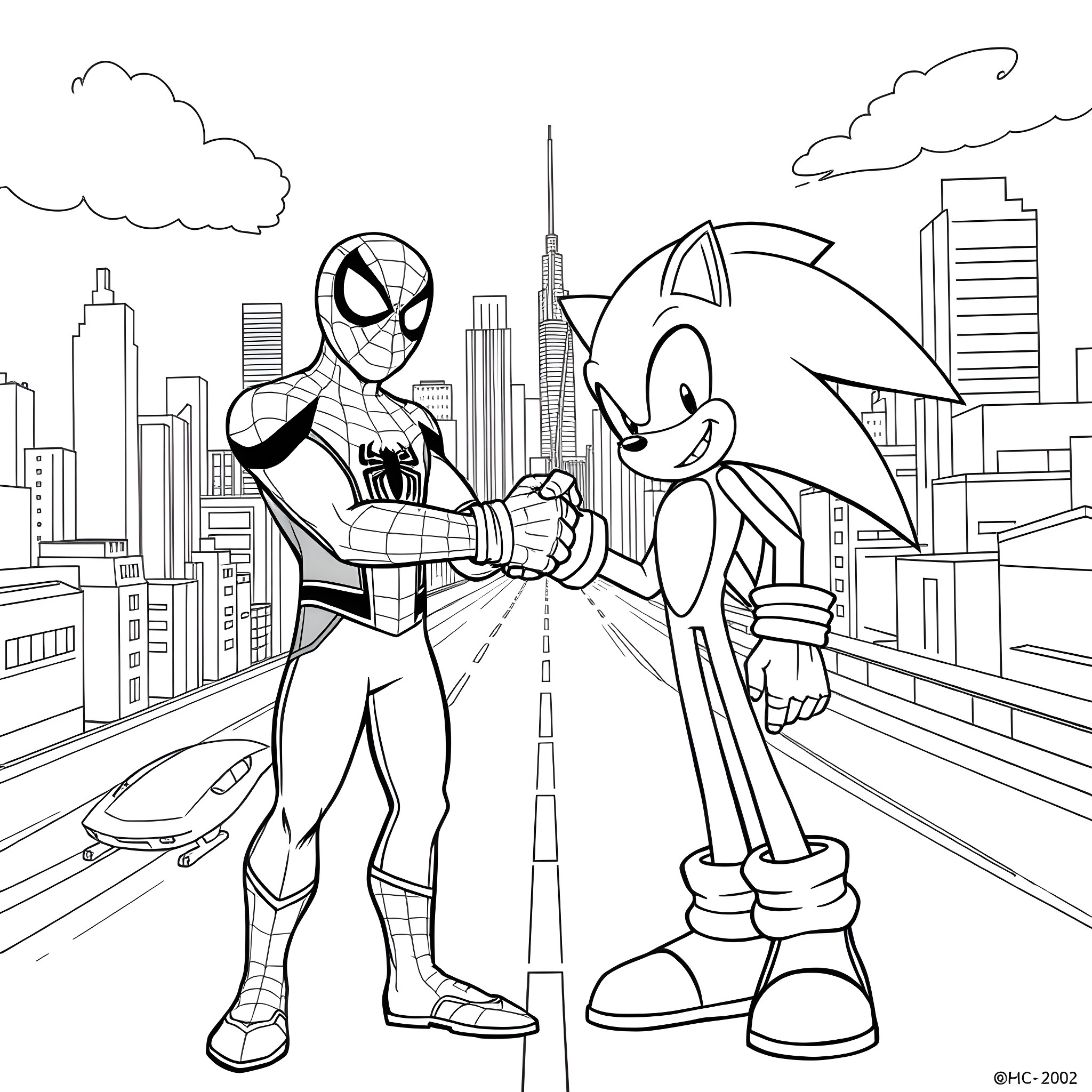 Spiderman meets Sonic the Hedgehog in the city Coloring Page (free black-and-white line drawing printable PDF for all, from beginners to advanced learners, including children, teens, adults, and seniors)