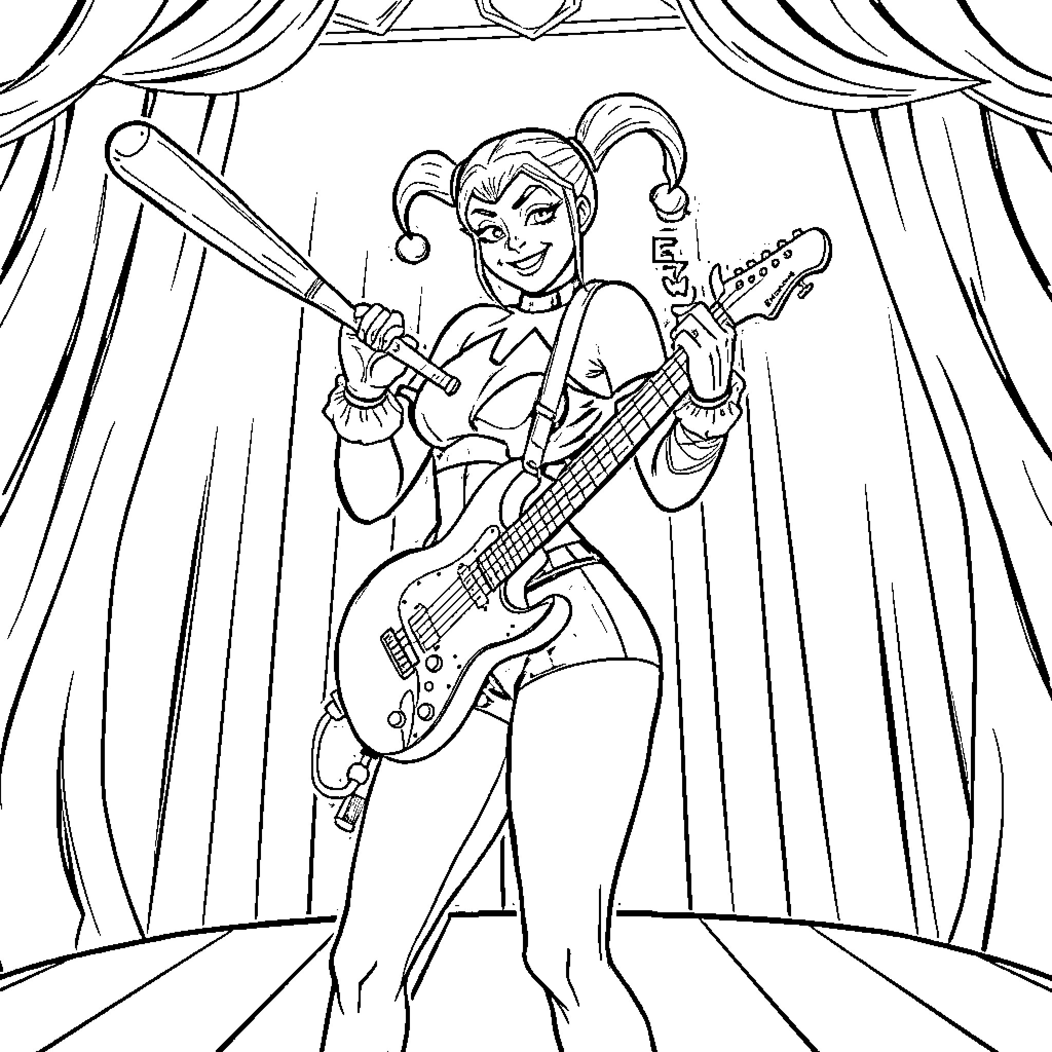 Harley Quinn performing on stage with guitar Coloring Page (free black-and-white line drawing printable PDF for all, from beginners to advanced learners, including children, teens, adults, and seniors)