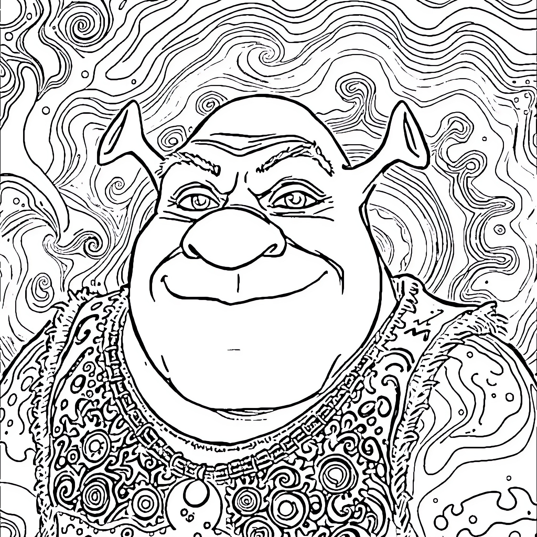 Shrek's Whimsical Adventure Coloring Page (free black-and-white line drawing printable PDF for all, from beginners to advanced learners, including children, teens, adults, and seniors)
