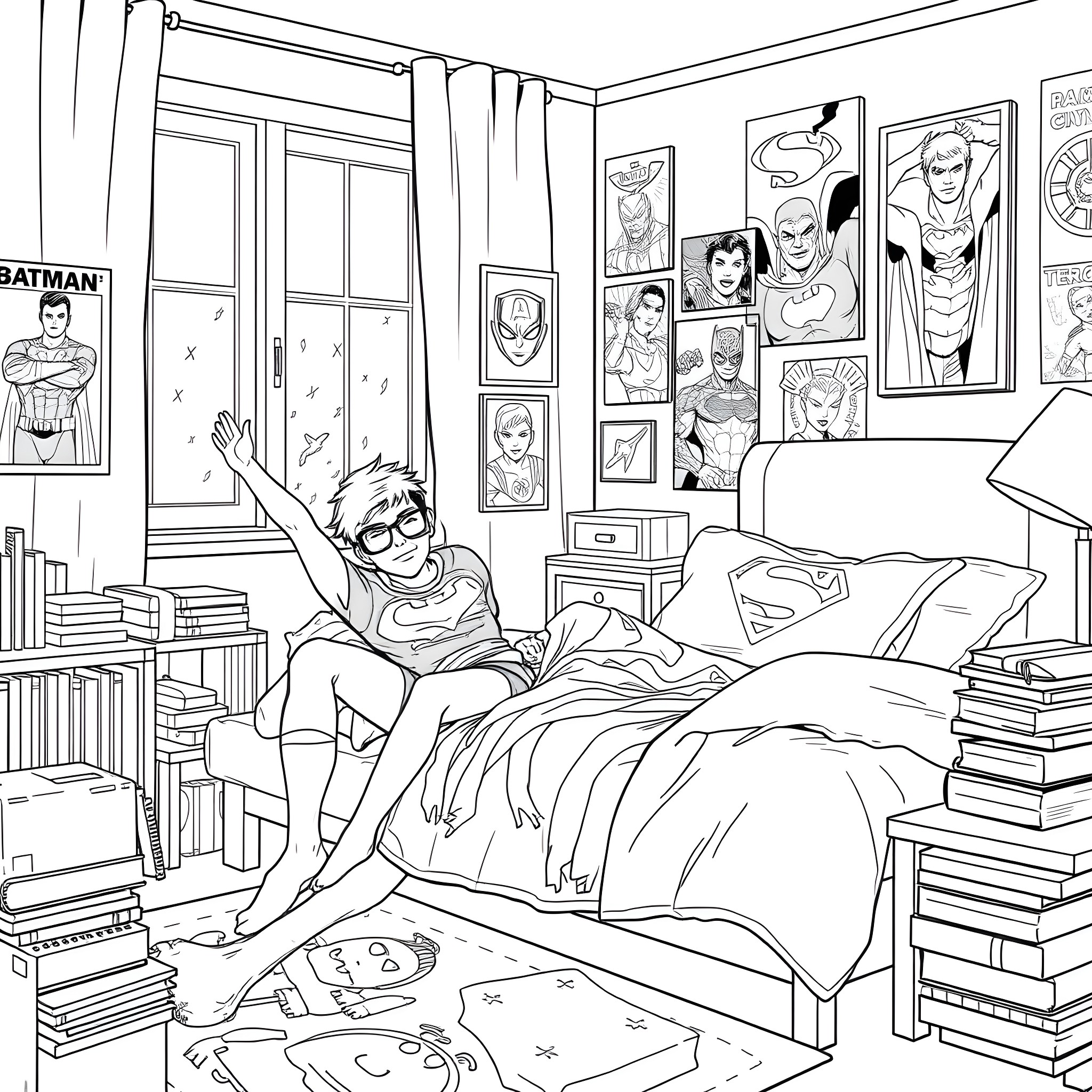 Damian Wayne's Superhero-Themed Bedroom Coloring Page (free black-and-white line drawing printable PDF for all, from beginners to advanced learners, including children, teens, adults, and seniors)