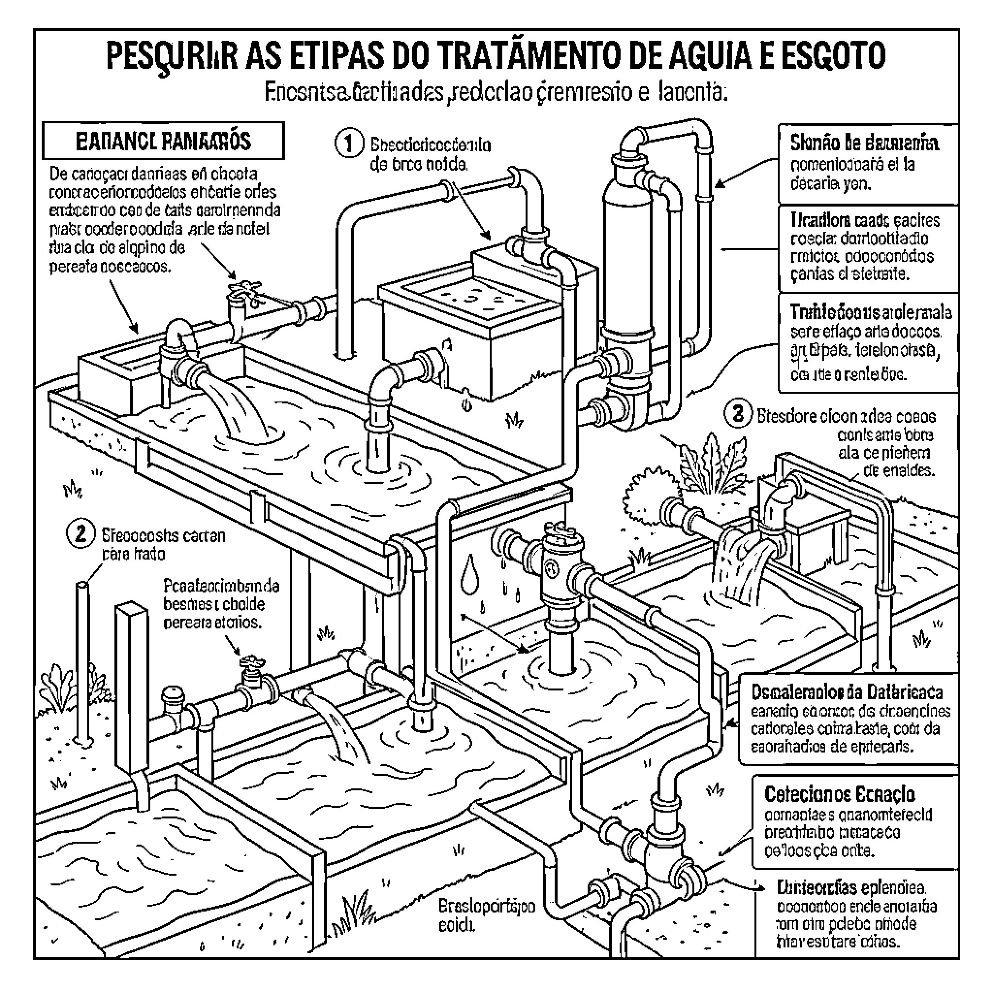 Water Treatment Plant Diagram Depicting Various Components Coloring Page (free black-and-white line drawing printable PDF for all, from beginners to advanced learners, including children, teens, adults, and seniors)