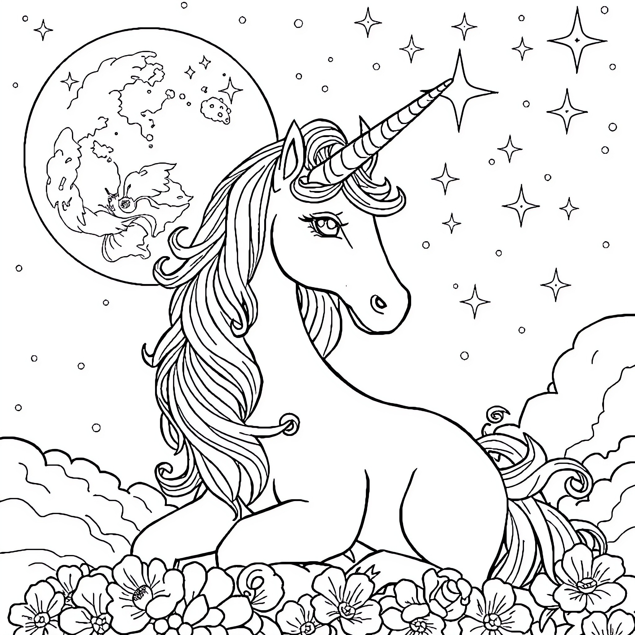 Unicorn gazing at the night sky with stars Coloring Page (free black-and-white line drawing printable PDF for all, from beginners to advanced learners, including children, teens, adults, and seniors)