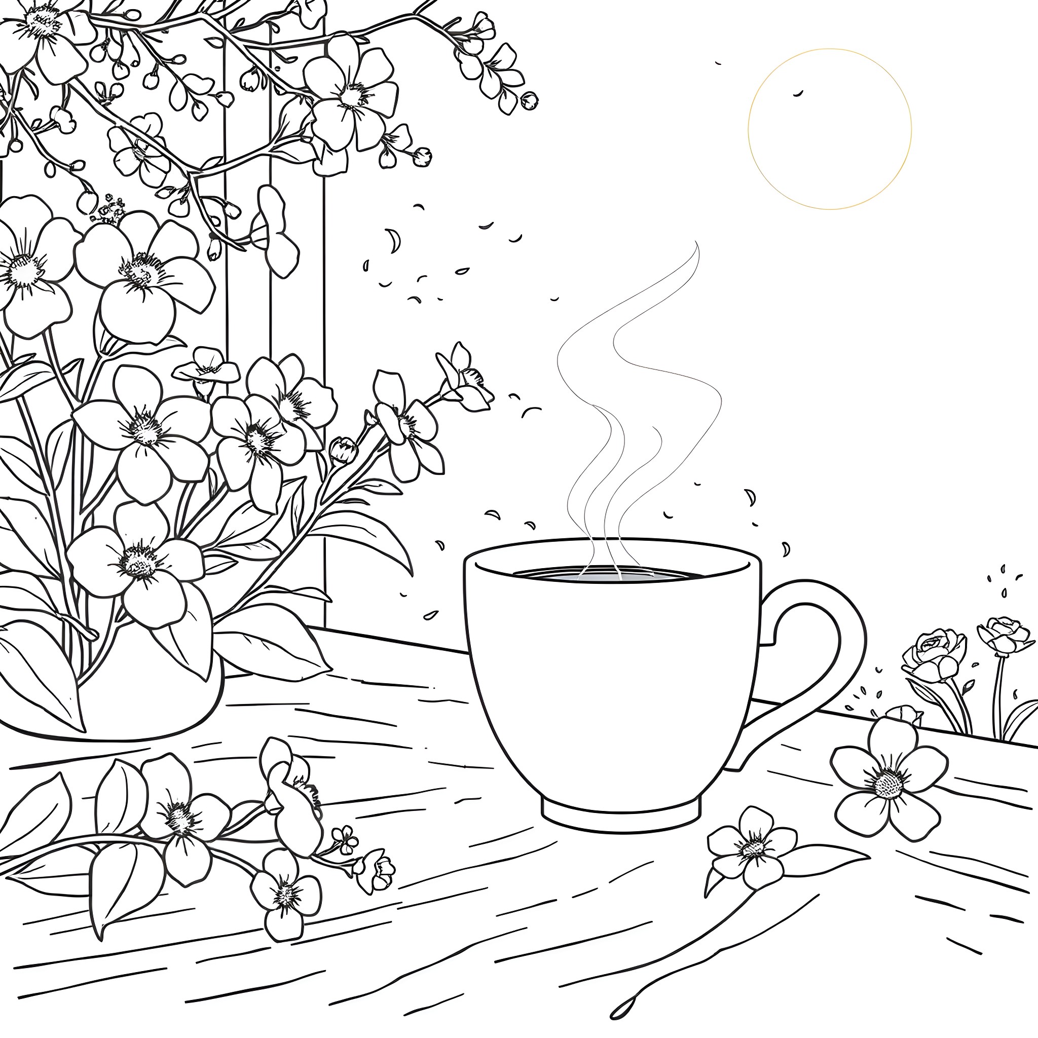 Coffee surrounded by blooming flowers in nature Coloring Page (free black-and-white line drawing printable PDF for all, from beginners to advanced learners, including children, teens, adults, and seniors)