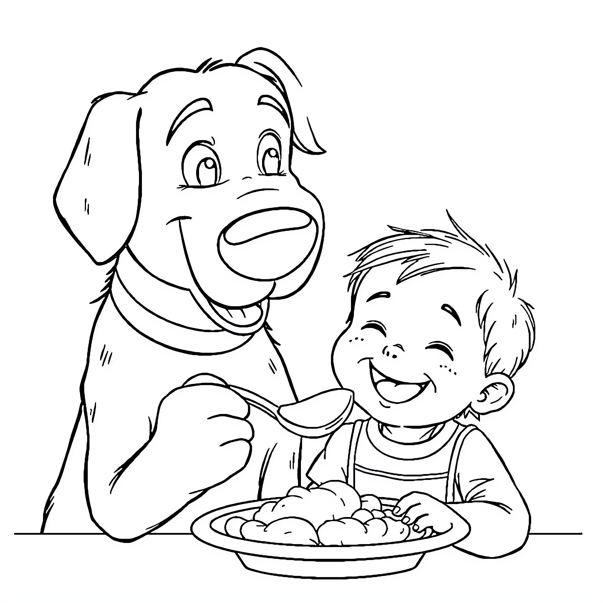 Dog and Boy Enjoying a Meal Together Coloring Page (free black-and-white line drawing printable PDF for all, from beginners to advanced learners, including children, teens, adults, and seniors)