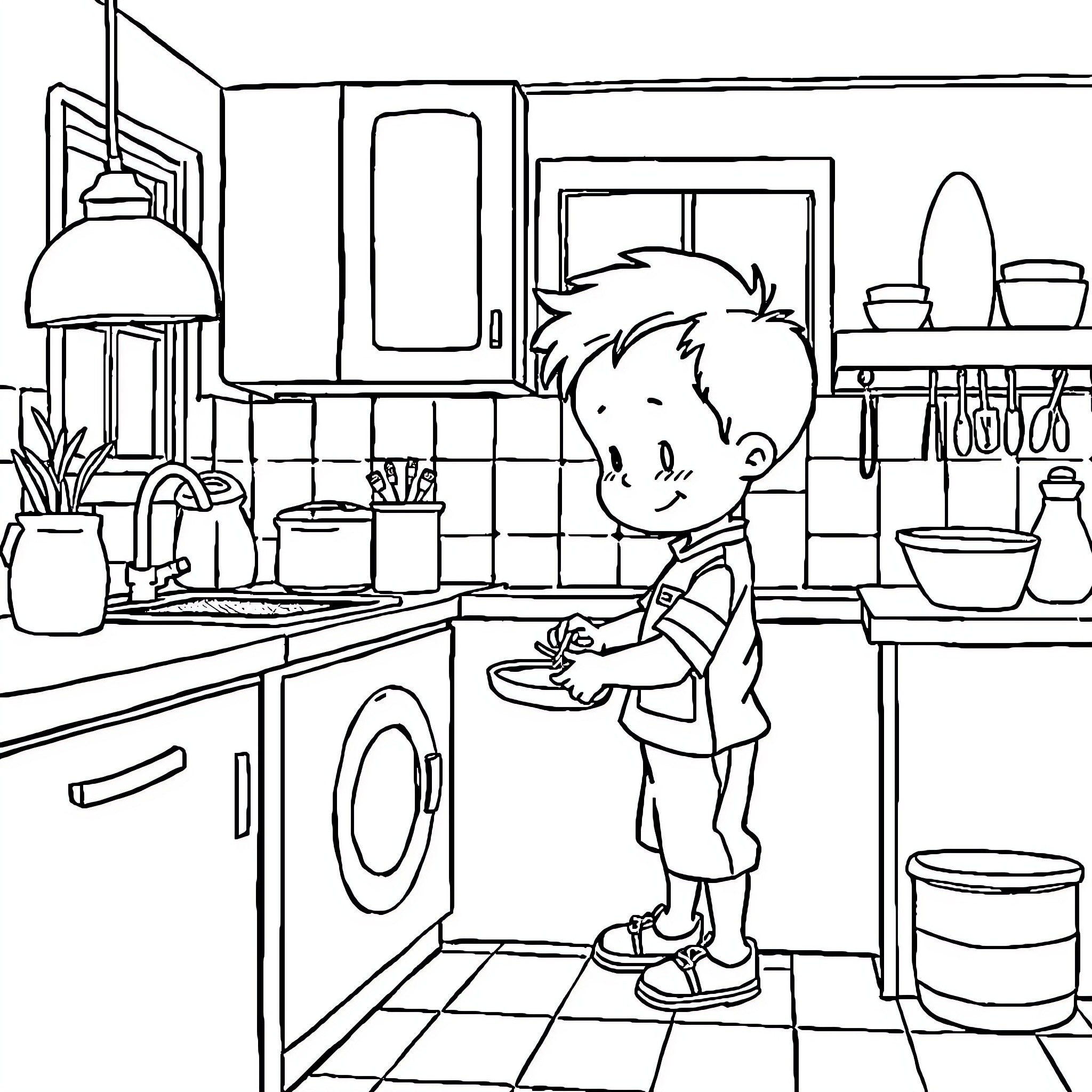 Boy preparing food in the kitchen Coloring Page (free black-and-white line drawing printable PDF for all, from beginners to advanced learners, including children, teens, adults, and seniors)