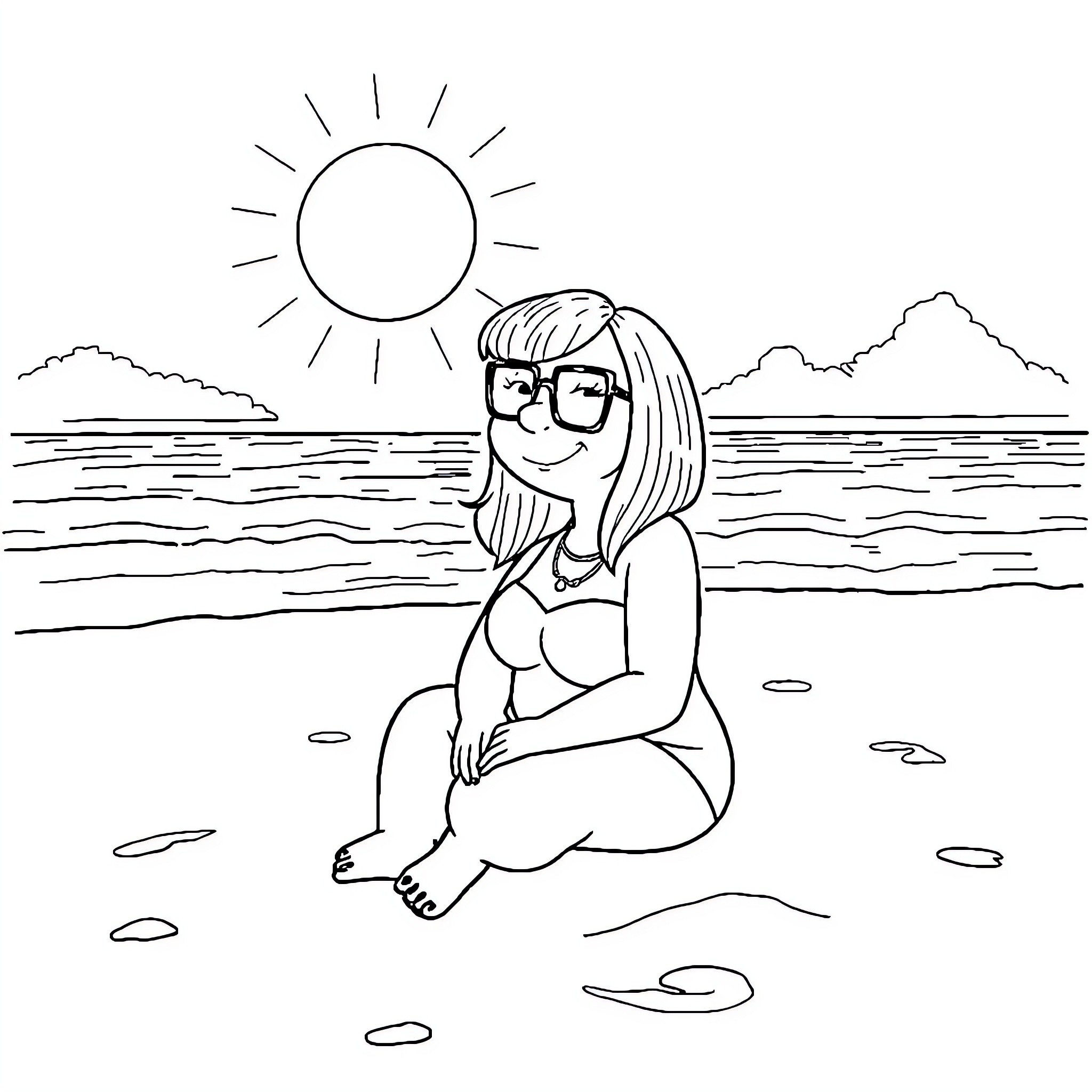 Meg Griffin enjoying the sunny beach Coloring Page (free black-and-white line drawing printable PDF for all, from beginners to advanced learners, including children, teens, adults, and seniors)