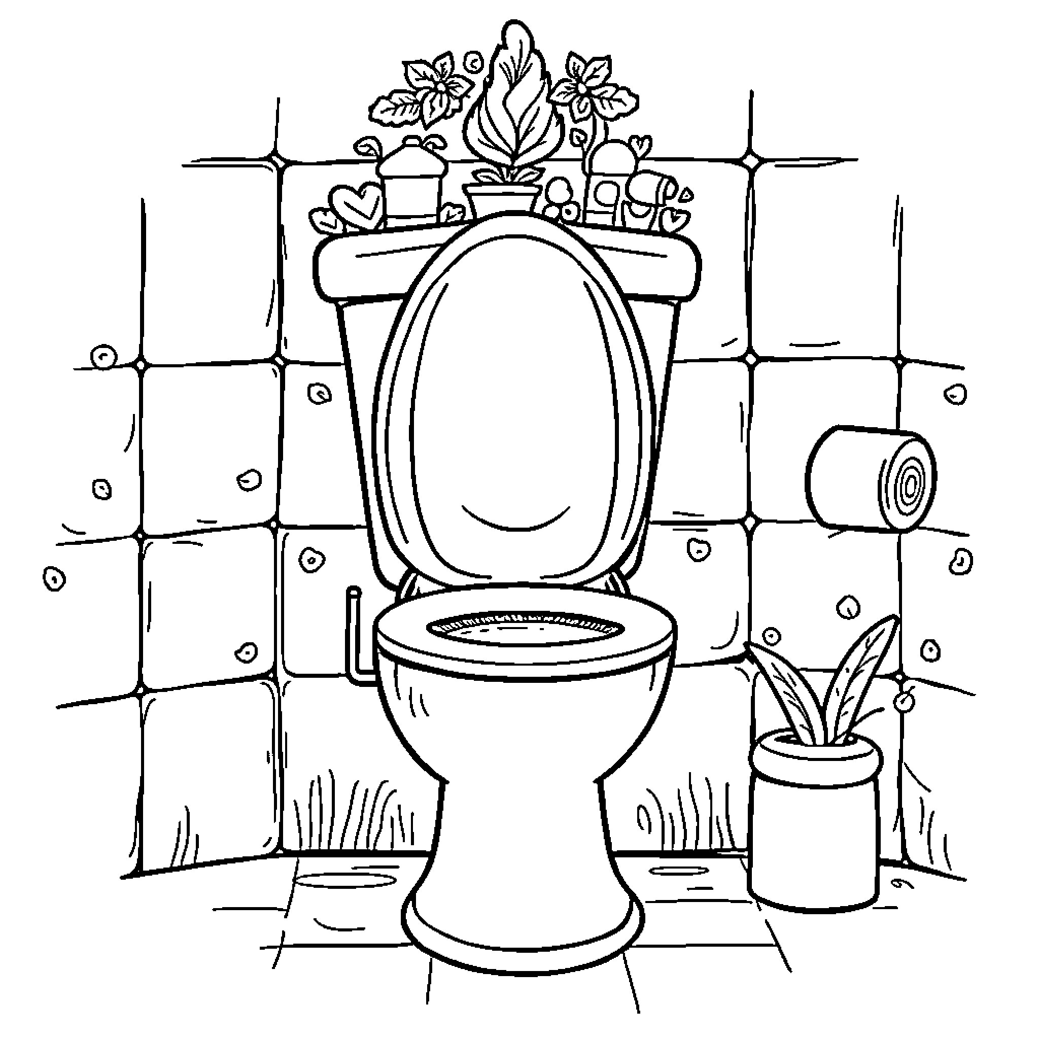 Skibidi Toilet Decor with Floral Accents Coloring Page (free black-and-white line drawing printable PDF for all, from beginners to advanced learners, including children, teens, adults, and seniors)