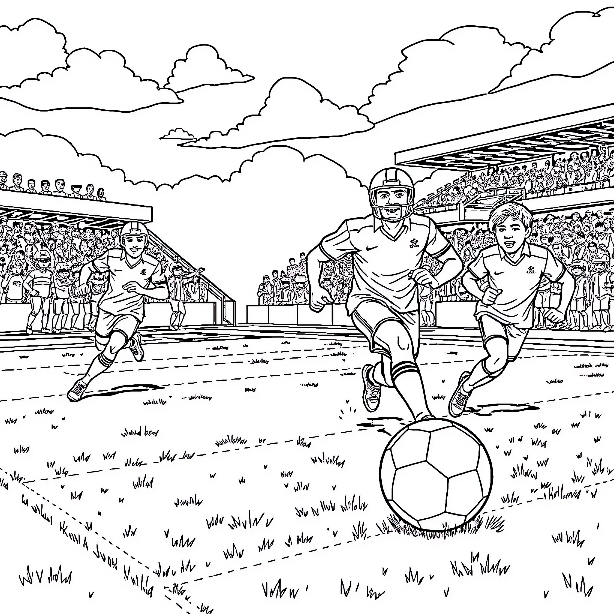 Football players competing on the field Coloring Page (free black-and-white line drawing printable PDF for all, from beginners to advanced learners, including children, teens, adults, and seniors)