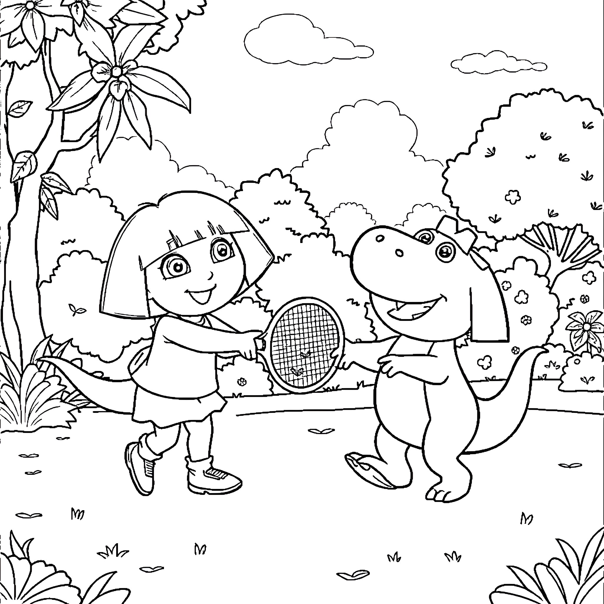 Dora and Boots playing tennis in the park Coloring Page (free black-and-white line drawing printable PDF for all, from beginners to advanced learners, including children, teens, adults, and seniors)