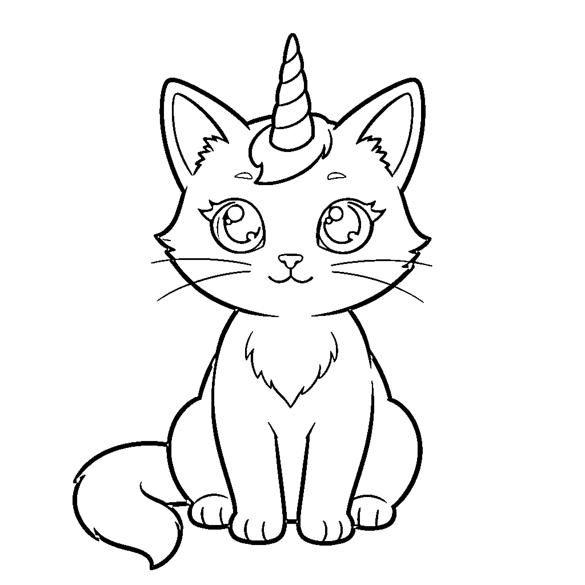 Cat Unicorn sitting happily Coloring Page (free black-and-white line drawing printable PDF for all, from beginners to advanced learners, including children, teens, adults, and seniors)