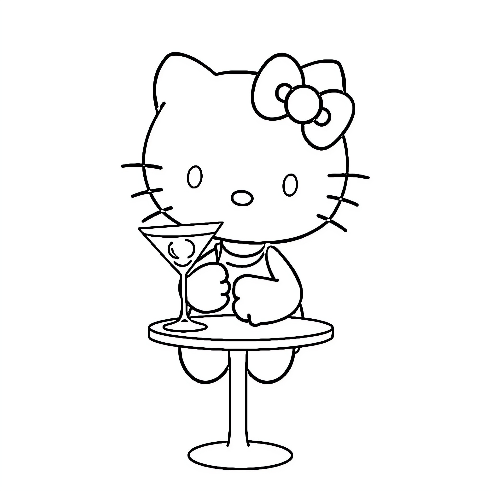 Hello Kitty enjoying a fancy drink Coloring Page (free black-and-white line drawing printable PDF for all, from beginners to advanced learners, including children, teens, adults, and seniors)