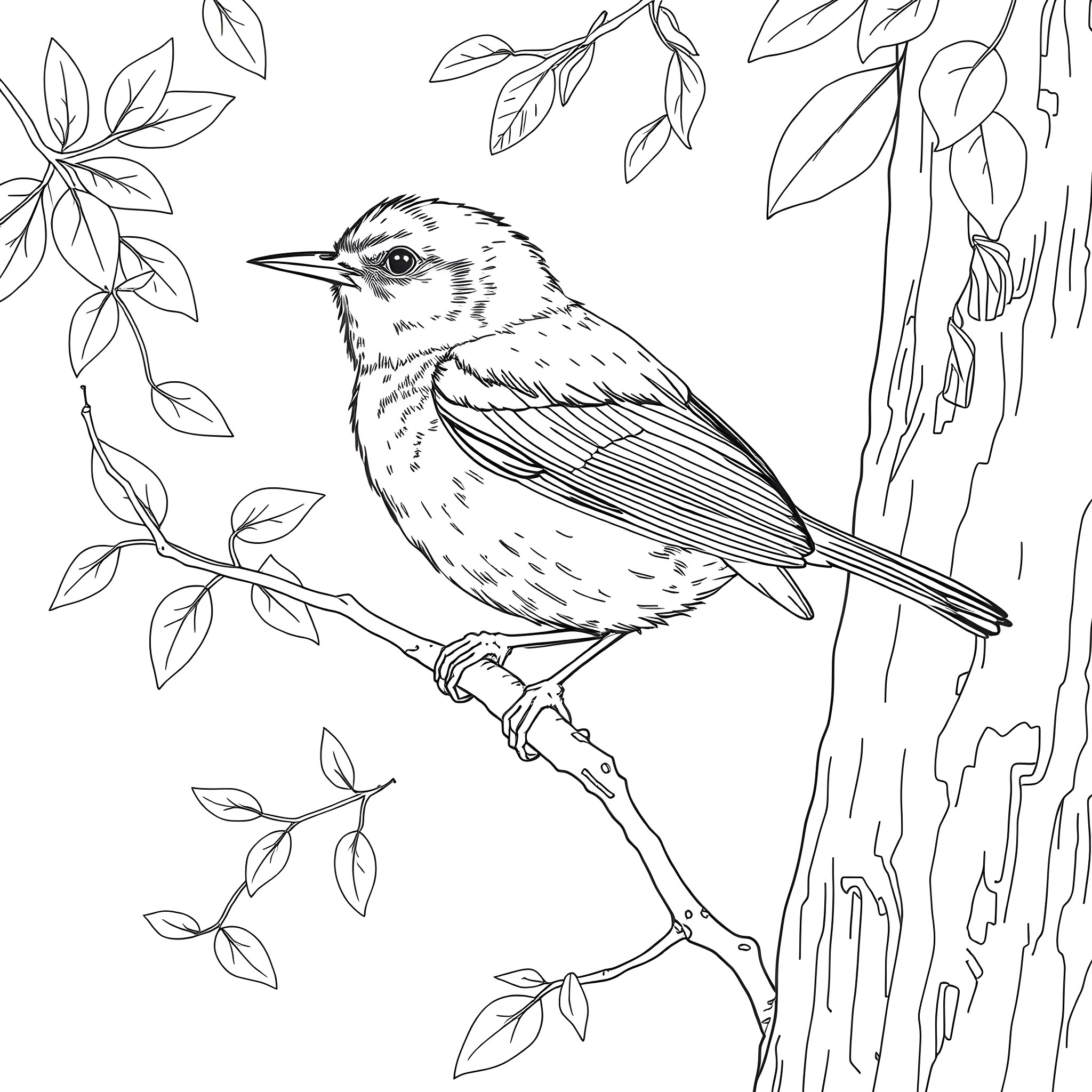 Emberiza Citrinella: A Perched Bird in Nature Coloring Page (free black-and-white line drawing printable PDF for all, from beginners to advanced learners, including children, teens, adults, and seniors)