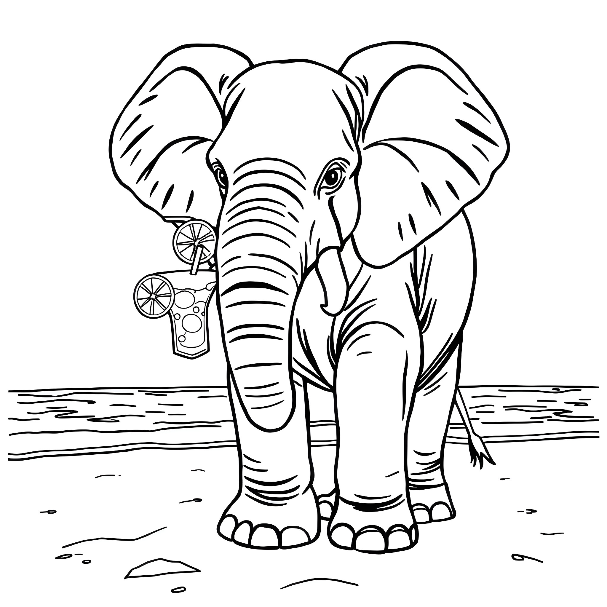 Elephant enjoying a refreshing drink Coloring Page (free black-and-white line drawing printable PDF for all, from beginners to advanced learners, including children, teens, adults, and seniors)