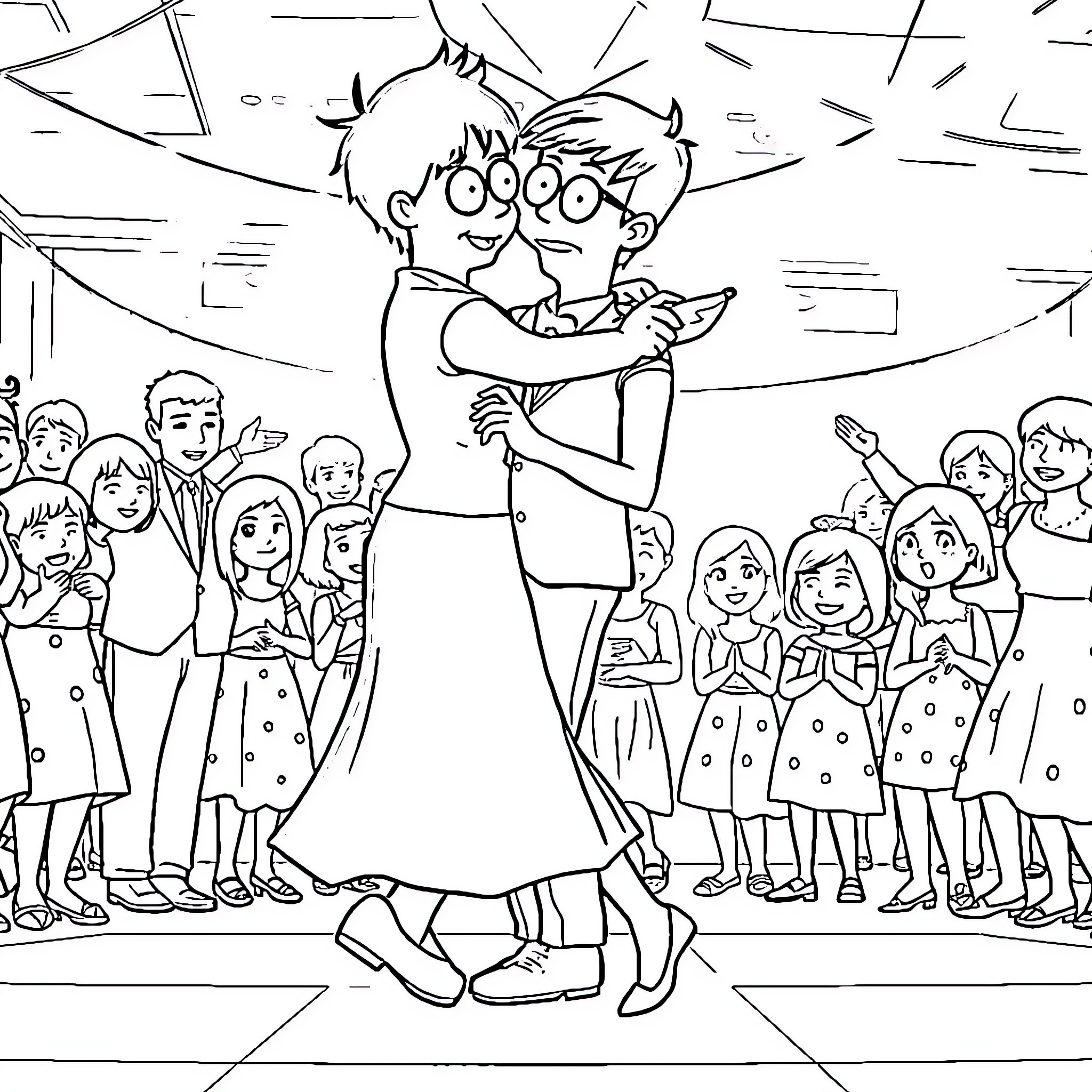Tina dancing joyfully with friends at a party Coloring Page (free black-and-white line drawing printable PDF for all, from beginners to advanced learners, including children, teens, adults, and seniors)