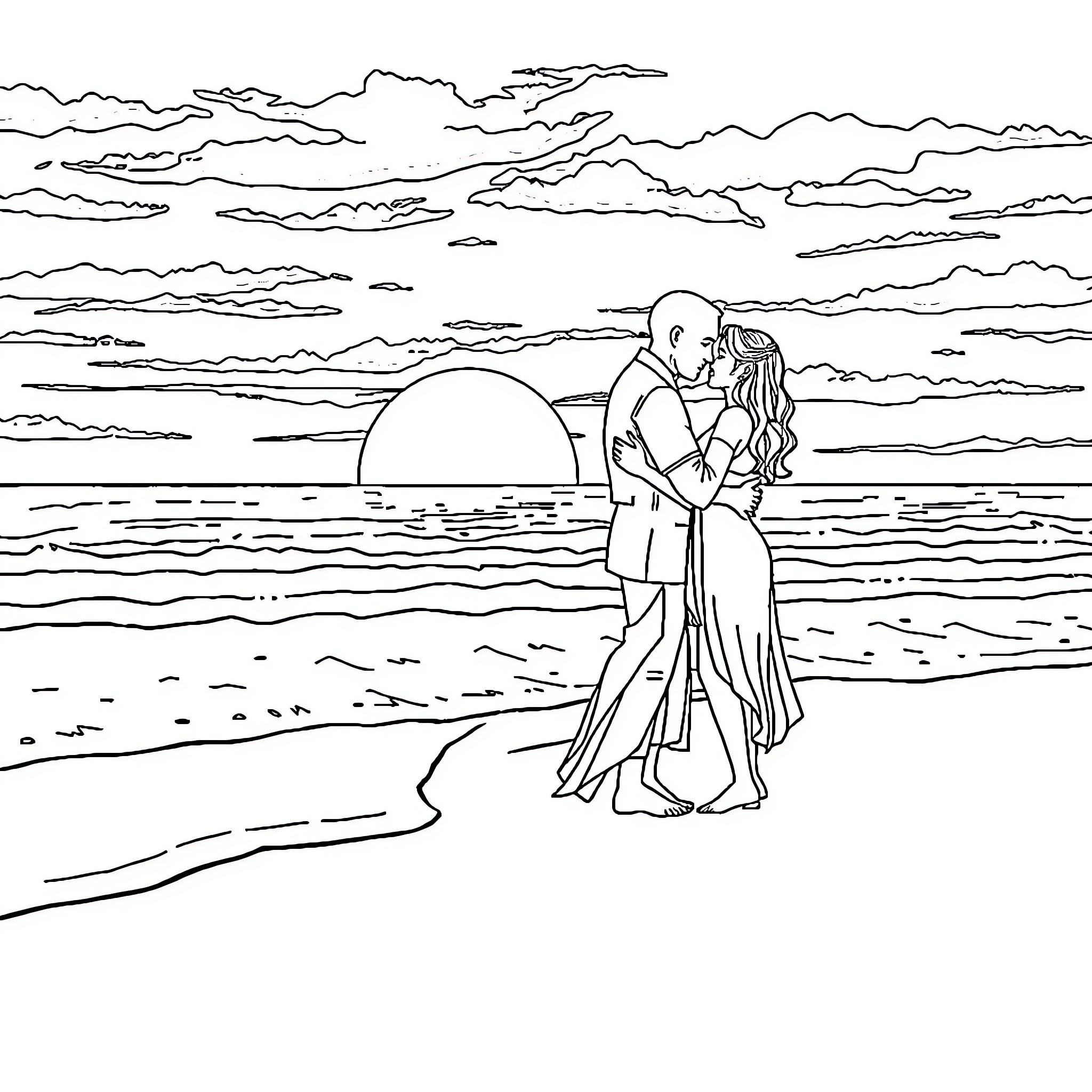 Couple embracing on the beach at sunset Coloring Page (free black-and-white line drawing printable PDF for all, from beginners to advanced learners, including children, teens, adults, and seniors)