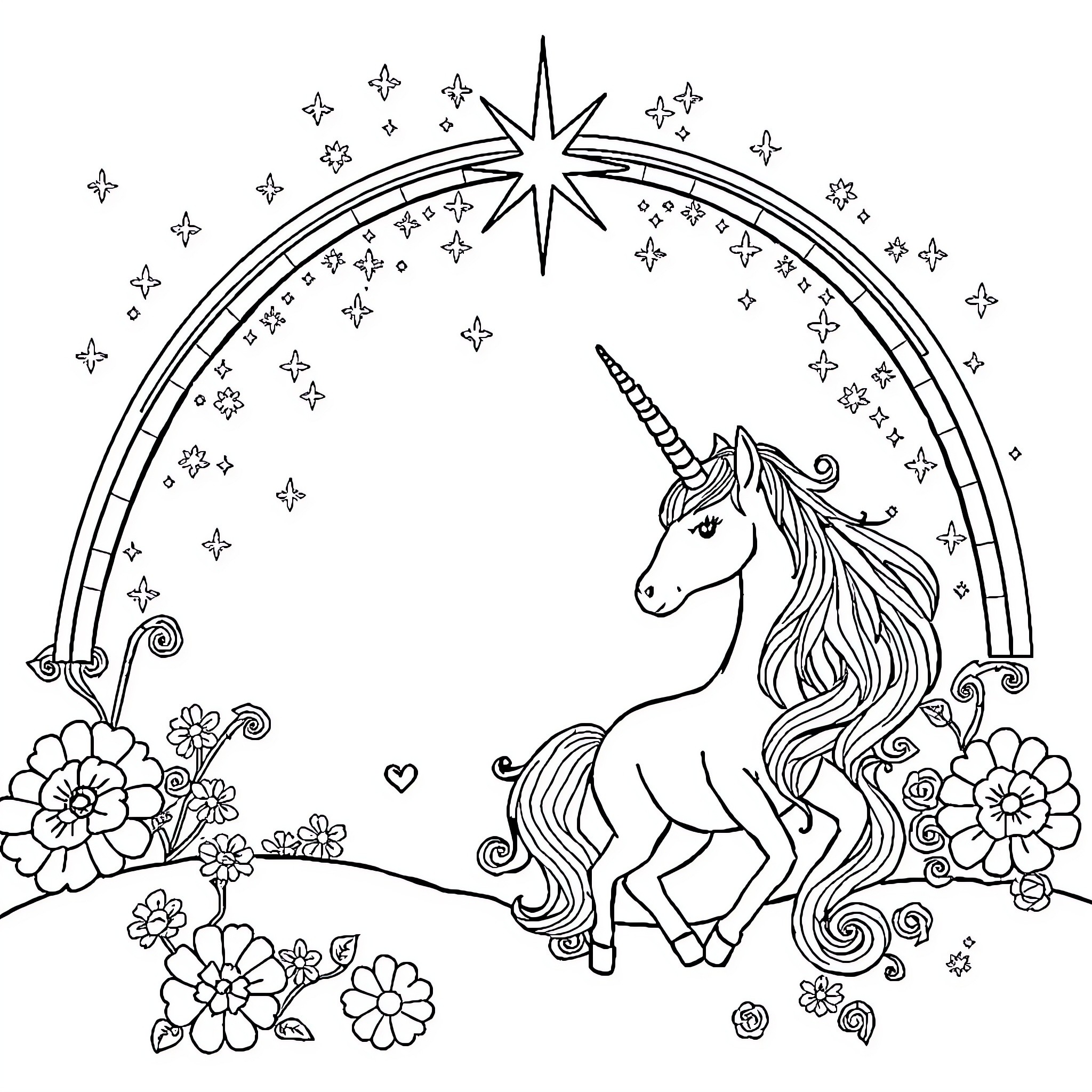 Unicorn frolicking in a magical starry meadow Coloring Page (free black-and-white line drawing printable PDF for all, from beginners to advanced learners, including children, teens, adults, and seniors)