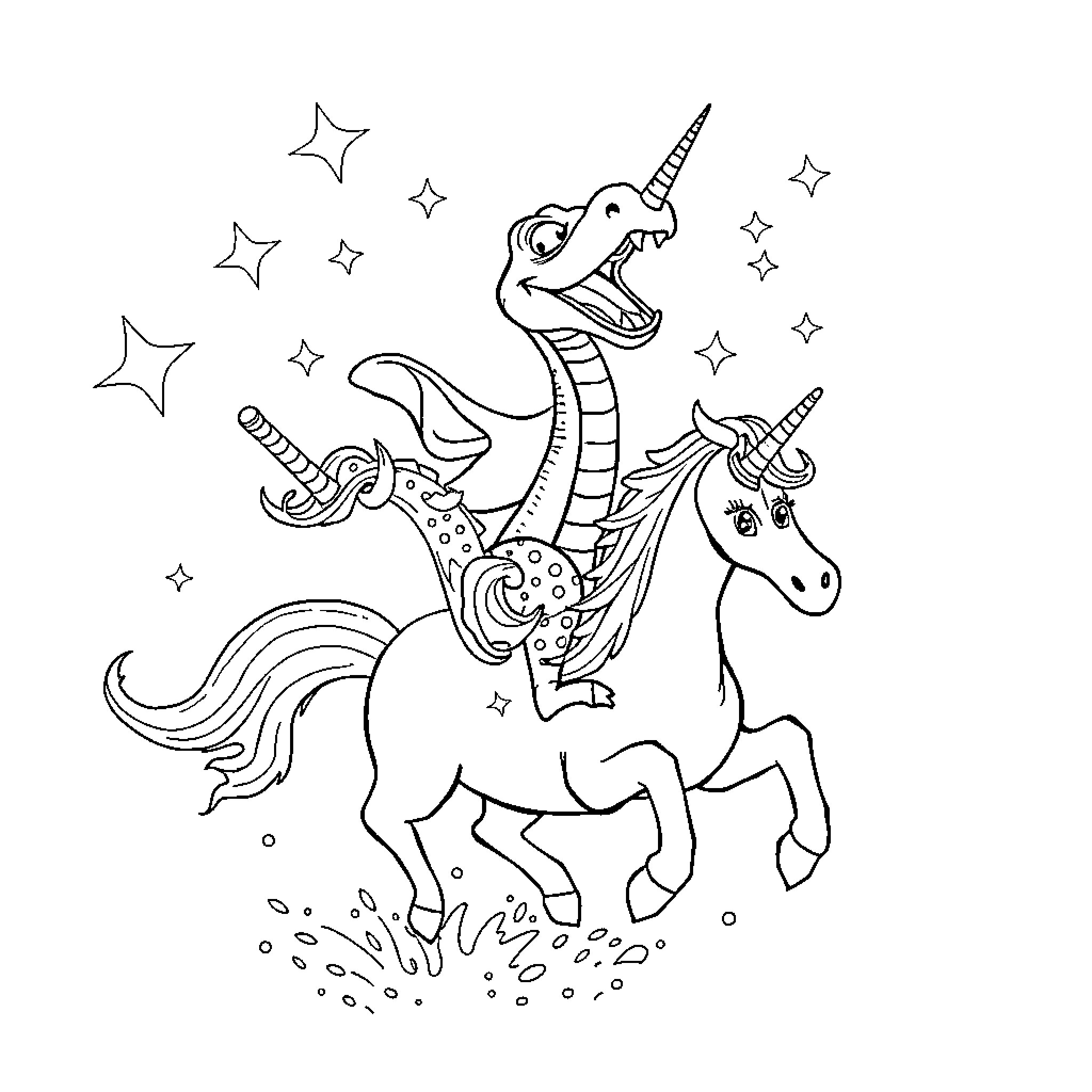 Snake riding a magical unicorn under starry night Coloring Page (free black-and-white line drawing printable PDF for all, from beginners to advanced learners, including children, teens, adults, and seniors)