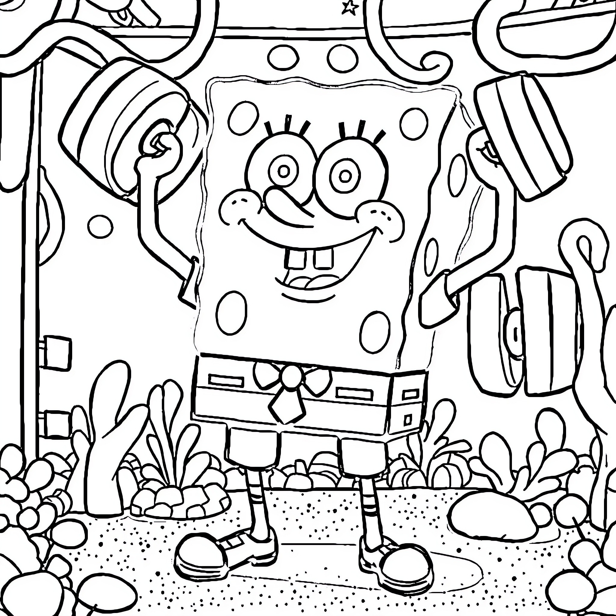 Spongebob in a whimsical underwater scene Coloring Page (free black-and-white line drawing printable PDF for all, from beginners to advanced learners, including children, teens, adults, and seniors)