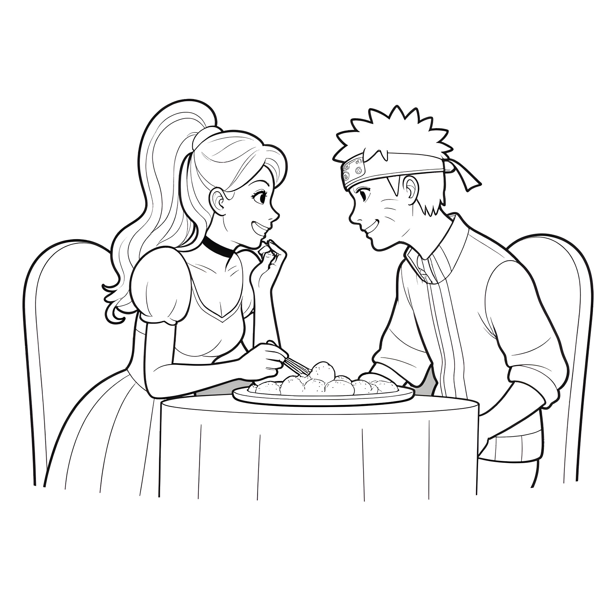 Cinderella sharing a meal with her companion Coloring Page (free black-and-white line drawing printable PDF for all, from beginners to advanced learners, including children, teens, adults, and seniors)
