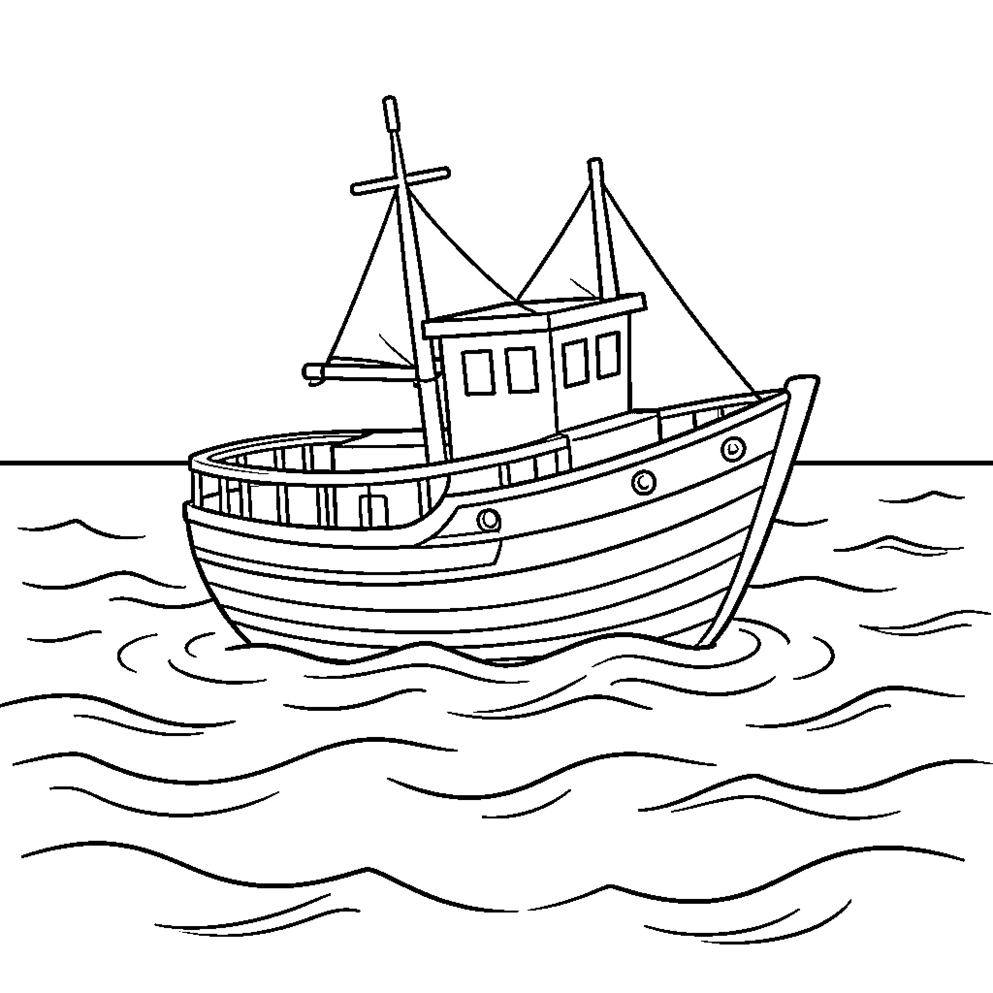 Boat sailing on the waves Coloring Page (free black-and-white line drawing printable PDF for all, from beginners to advanced learners, including children, teens, adults, and seniors)