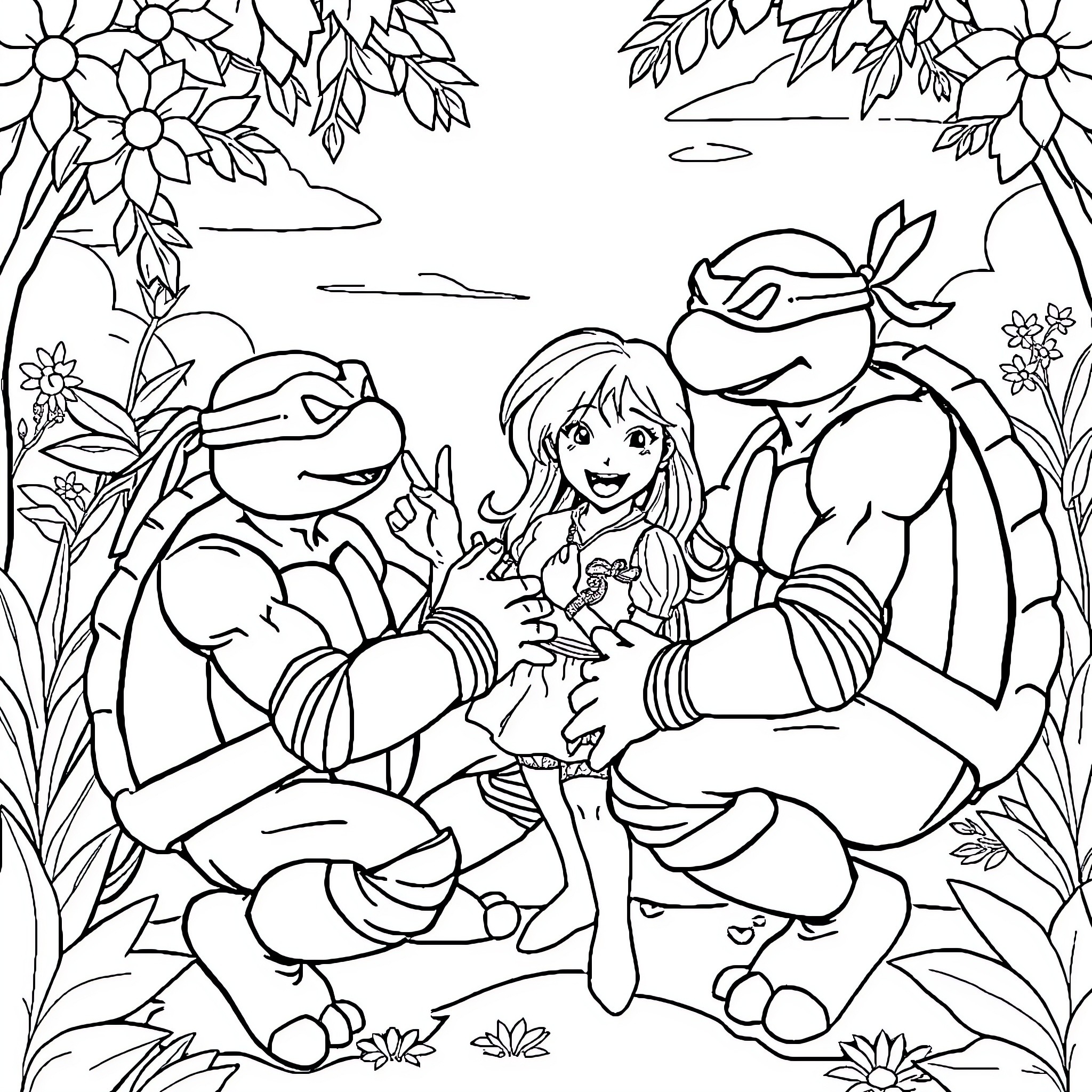 Teenage Mutant Ninja Turtles Enjoying Nature with Girl Coloring Page (free black-and-white line drawing printable PDF for all, from beginners to advanced learners, including children, teens, adults, and seniors)