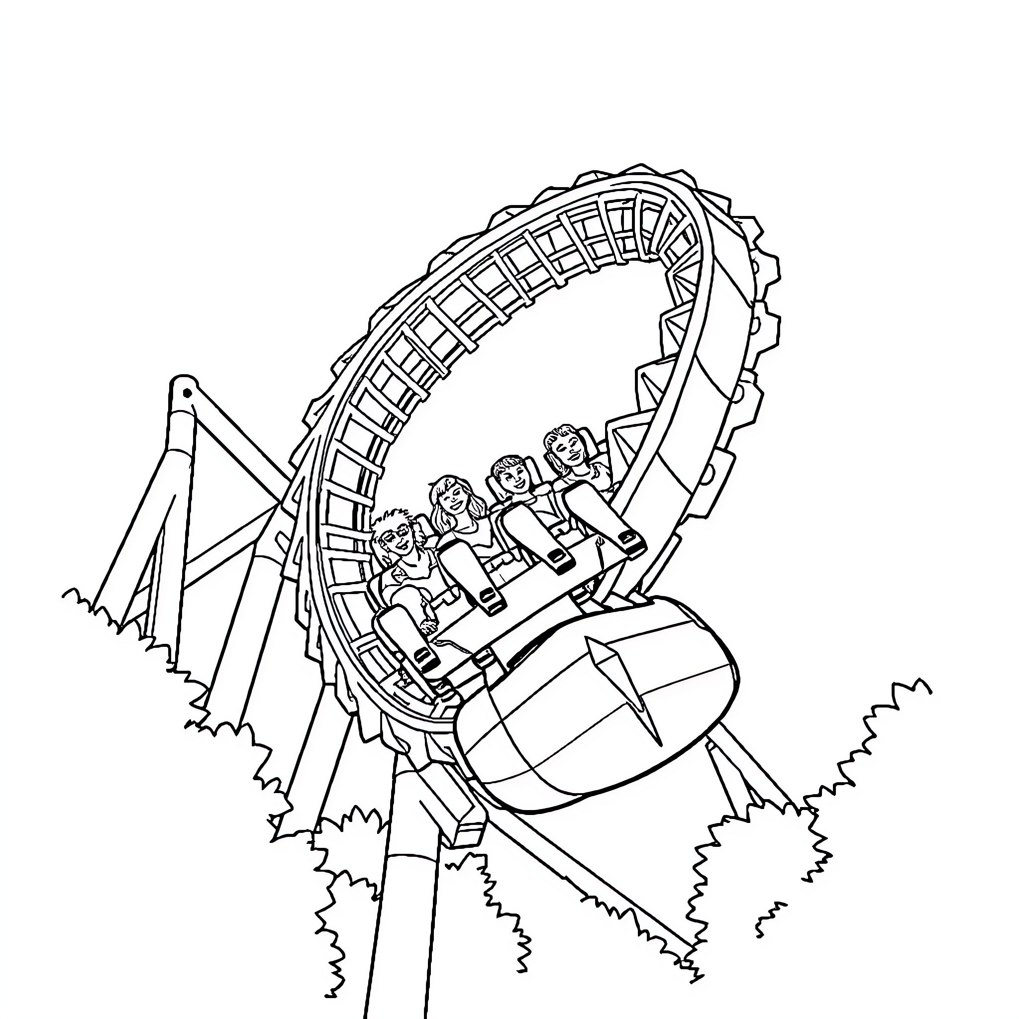 Diamondback Roller Coaster Thrilling Riders Coloring Page (free black-and-white line drawing printable PDF for all, from beginners to advanced learners, including children, teens, adults, and seniors)