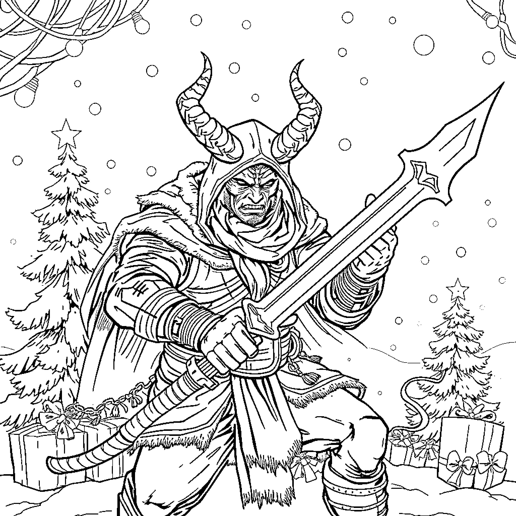 Demon Hunter Wielding Mighty Sword in Snowy Wonderland Coloring Page (free black-and-white line drawing printable PDF for all, from beginners to advanced learners, including children, teens, adults, and seniors)