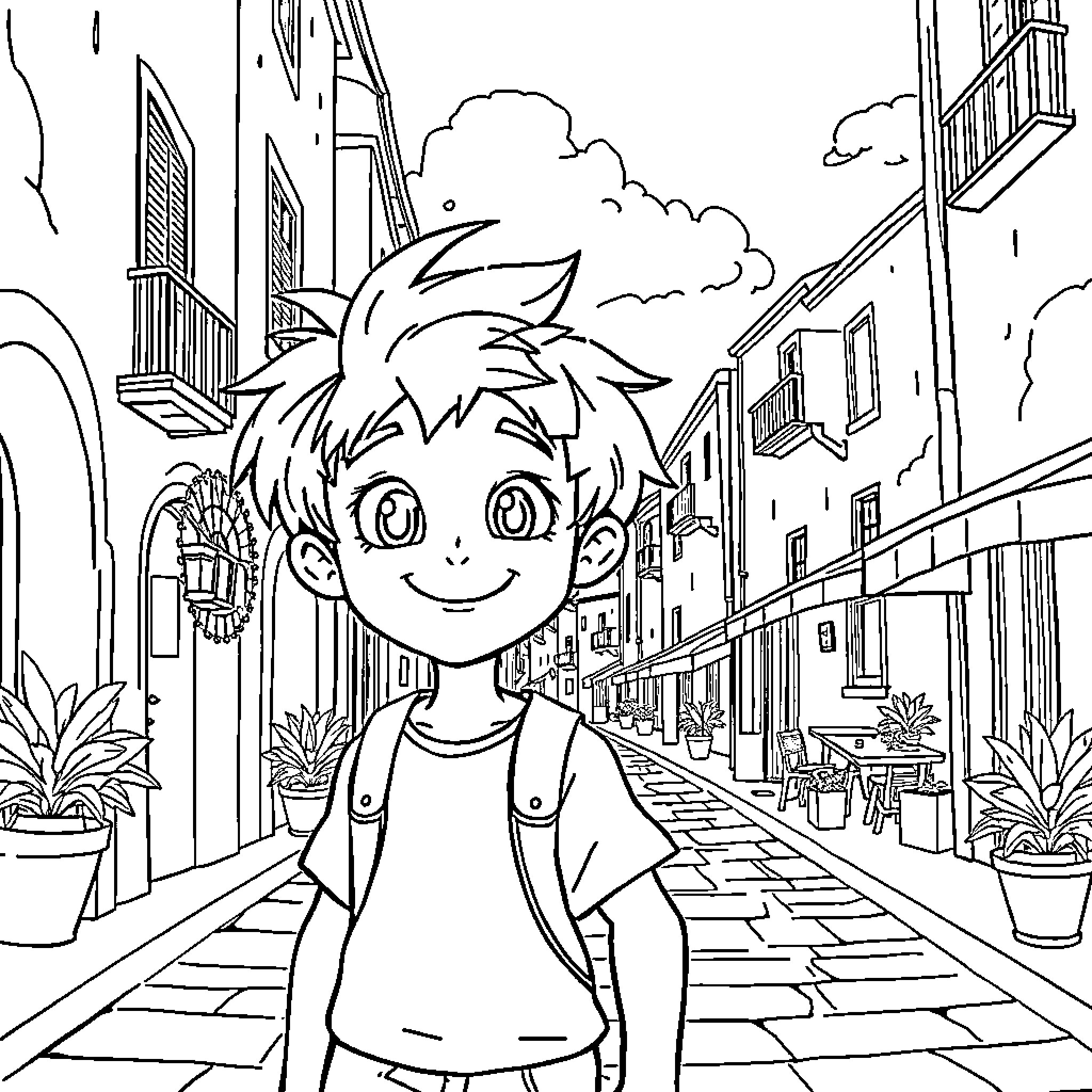 Luca exploring the charming Italian town Coloring Page (free black-and-white line drawing printable PDF for all, from beginners to advanced learners, including children, teens, adults, and seniors)