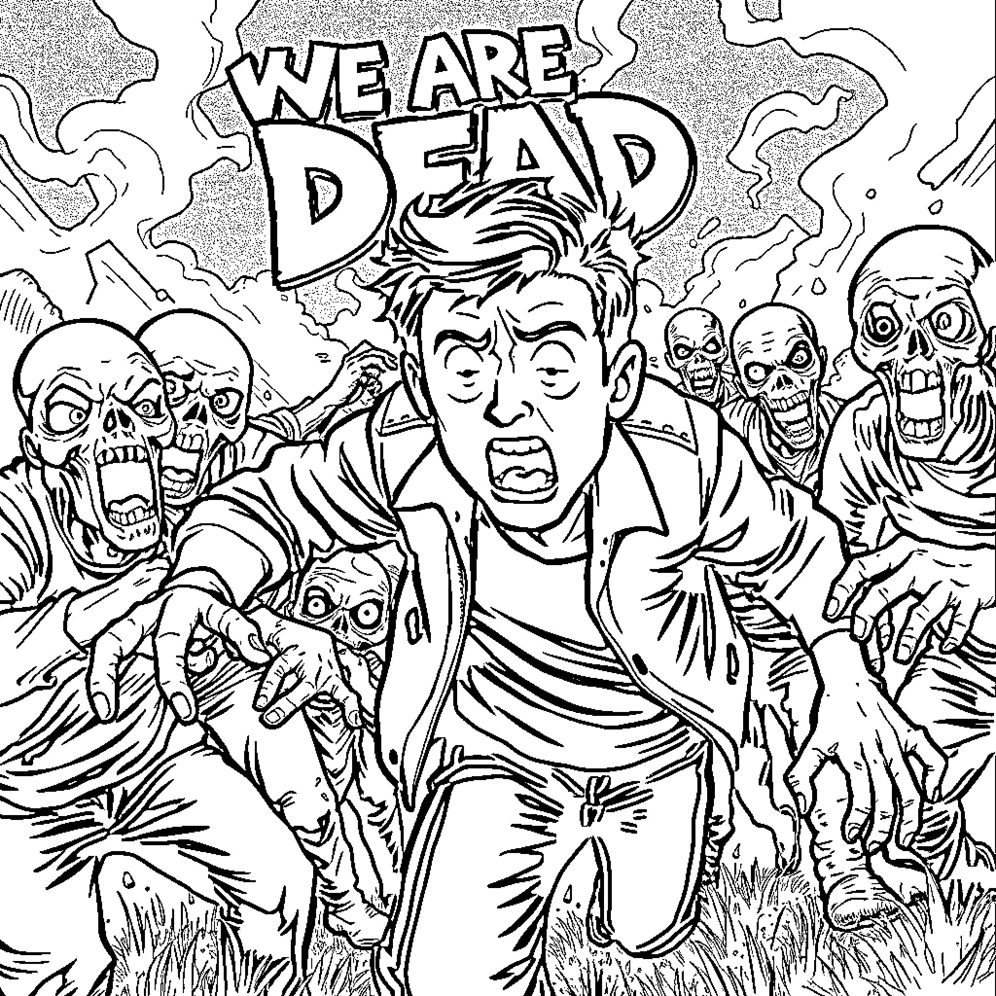Alan's Horrific Encounter with the Undead Coloring Page (free black-and-white line drawing printable PDF for all, from beginners to advanced learners, including children, teens, adults, and seniors)