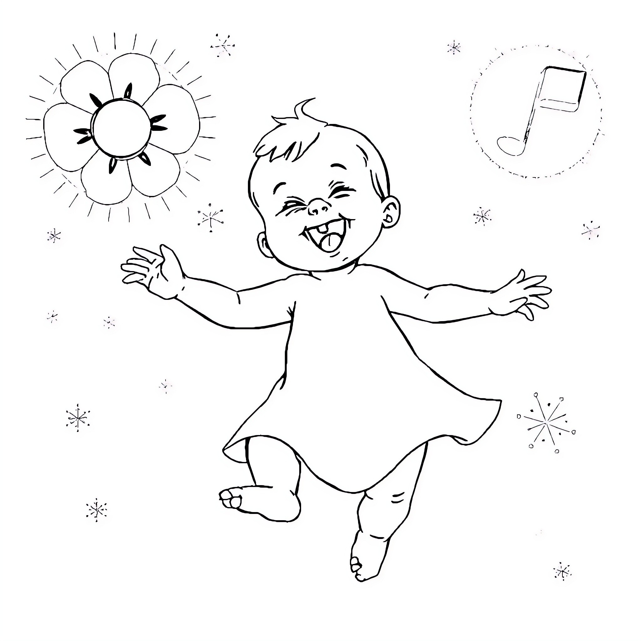 Baby joyfully dancing in the sun Coloring Page (free black-and-white line drawing printable PDF for all, from beginners to advanced learners, including children, teens, adults, and seniors)