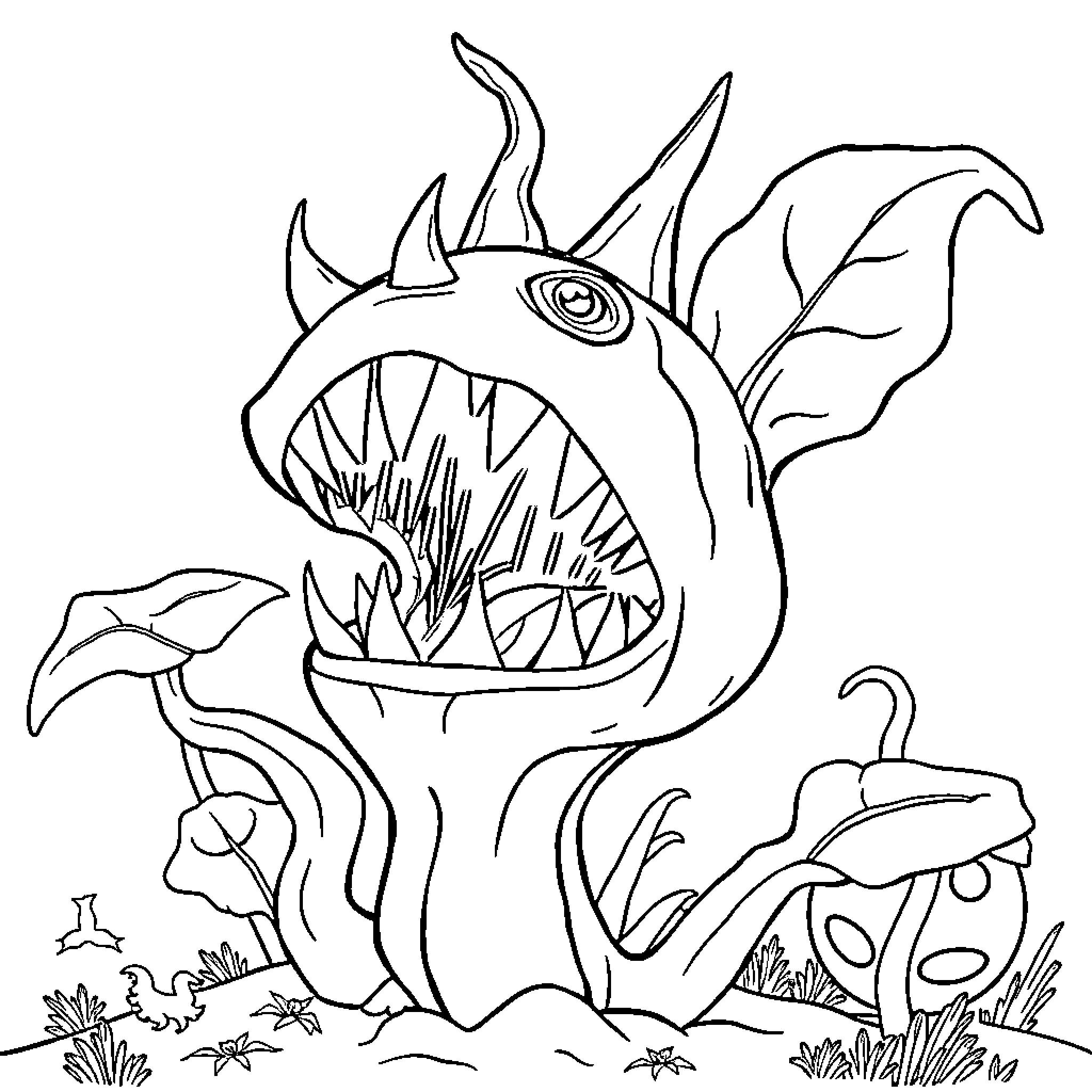 Carnivorous Plant with Menacing Appearance Coloring Page (free black-and-white line drawing printable PDF for all, from beginners to advanced learners, including children, teens, adults, and seniors)