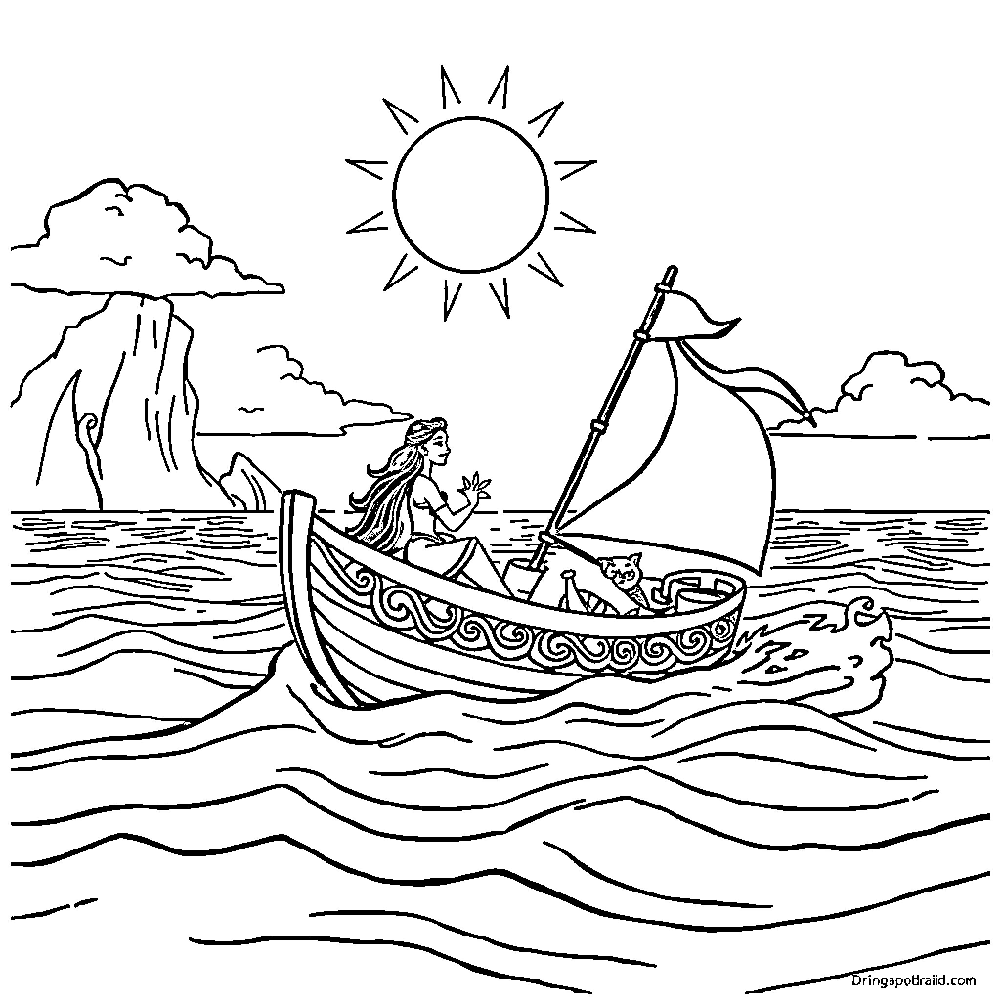 Moana sailing on the open sea Coloring Page (free black-and-white line drawing printable PDF for all, from beginners to advanced learners, including children, teens, adults, and seniors)