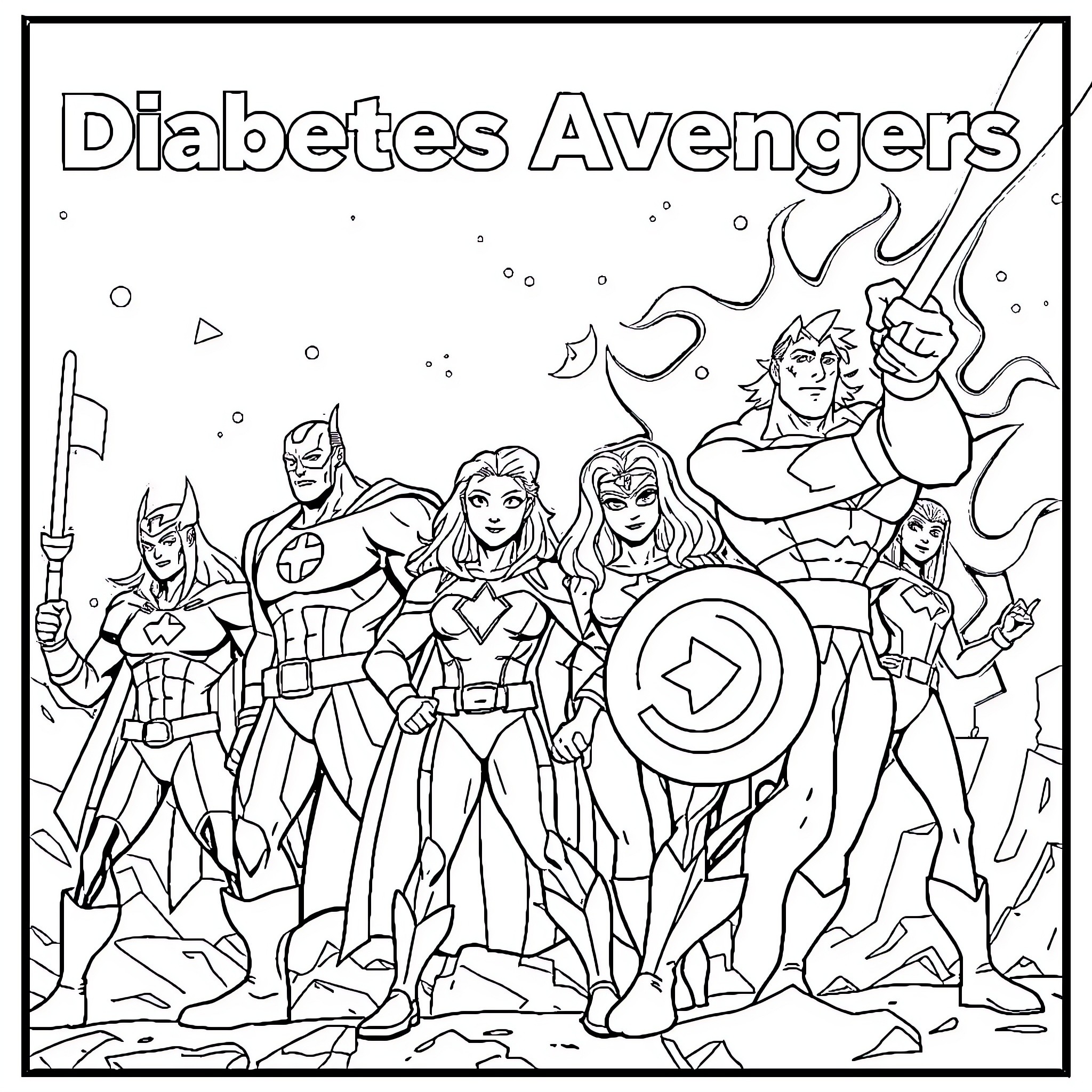 Diabetes Avengers in Action-Packed Heroic Poses Coloring Page (free black-and-white line drawing printable PDF for all, from beginners to advanced learners, including children, teens, adults, and seniors)