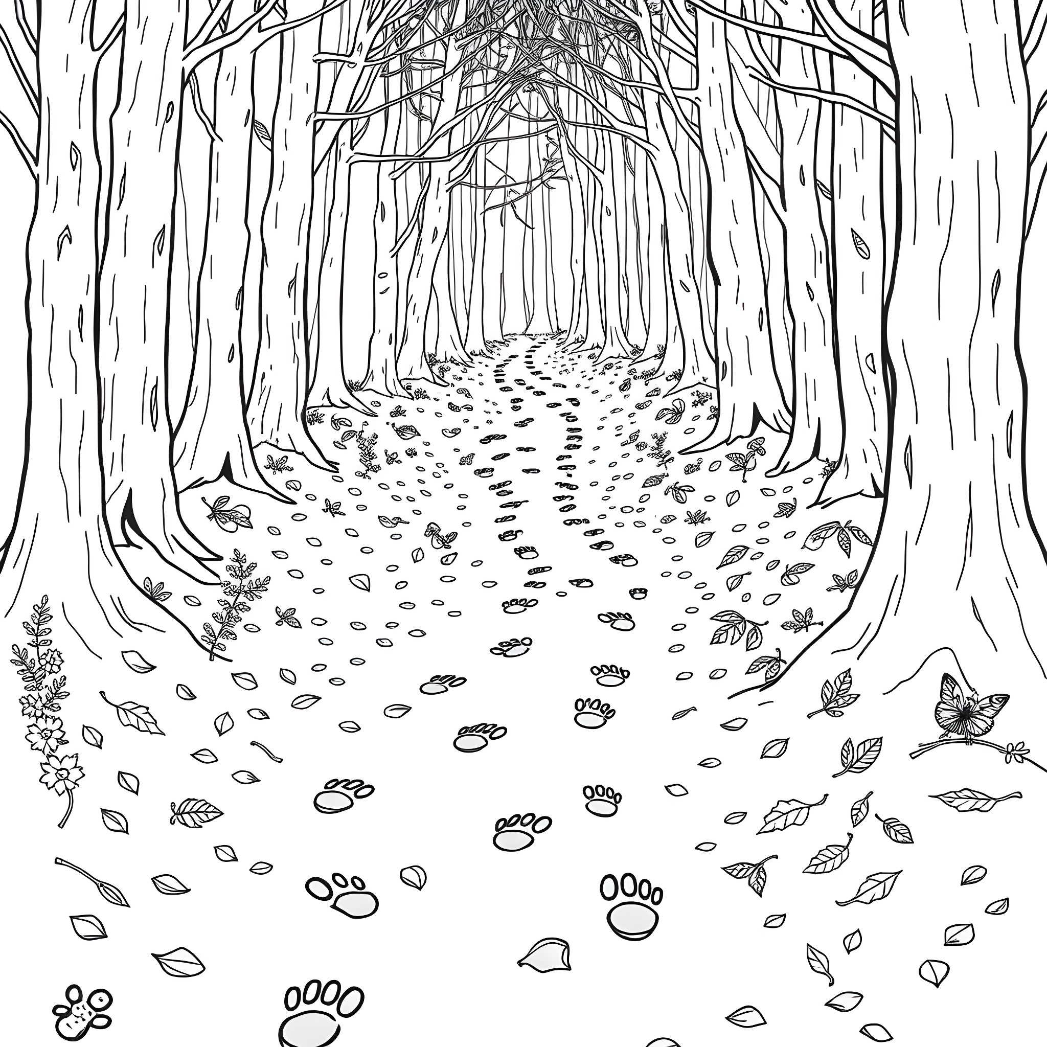 Animal Footprint Journey Through the Enchanted Forest Coloring Page (free black-and-white line drawing printable PDF for all, from beginners to advanced learners, including children, teens, adults, and seniors)
