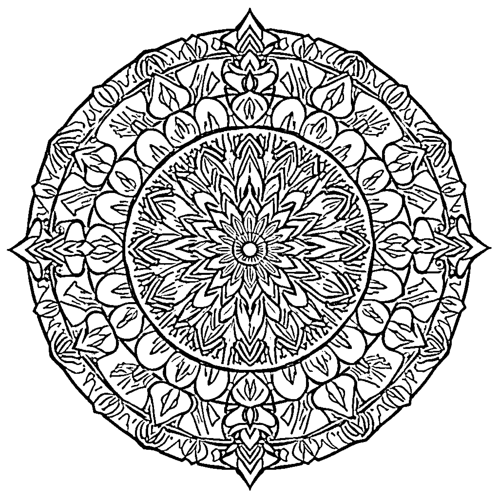 Mandala with intricate floral patterns Coloring Page (free black-and-white line drawing printable PDF for all, from beginners to advanced learners, including children, teens, adults, and seniors)