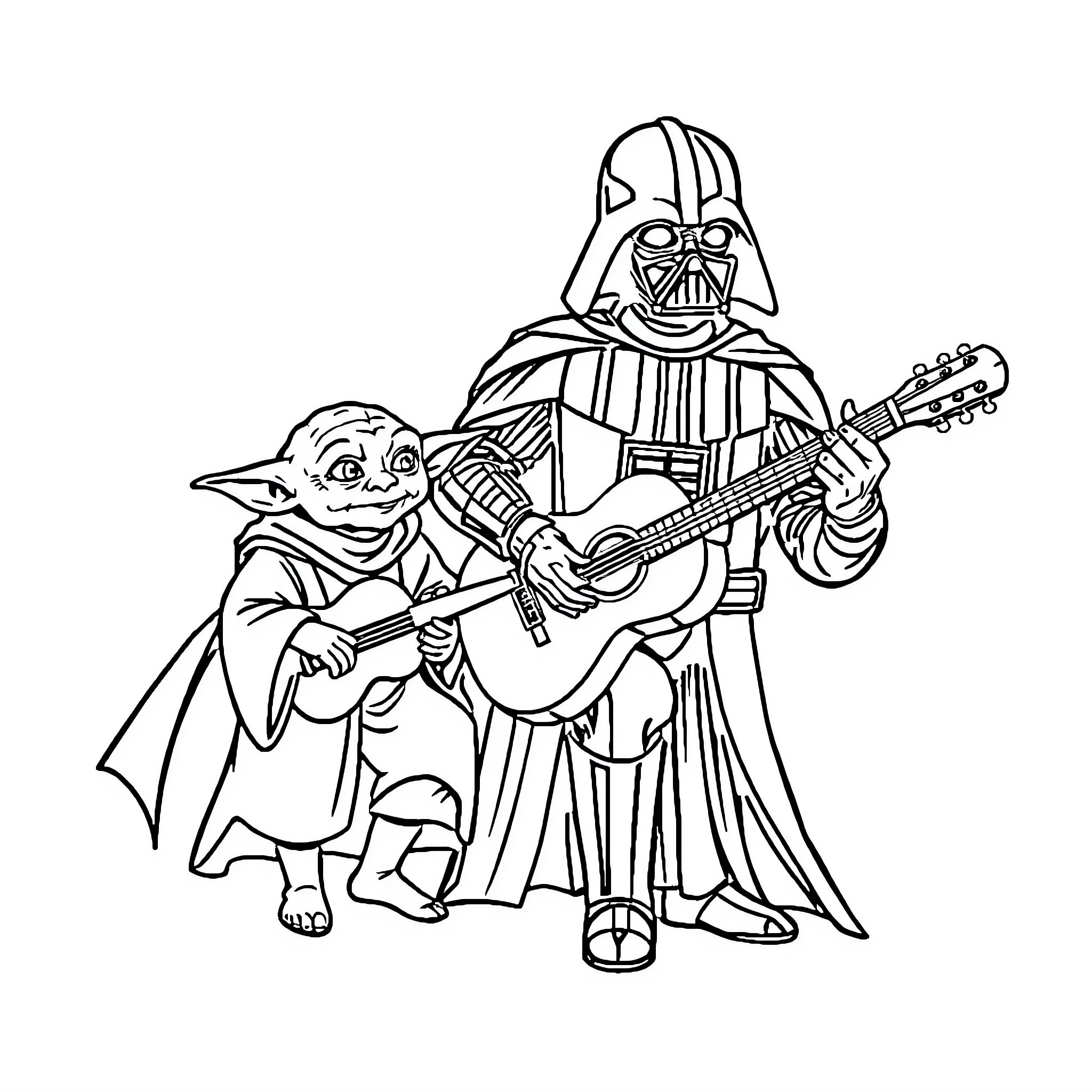 Darth Vader and Yoda playing guitar together Coloring Page (free black-and-white line drawing printable PDF for all, from beginners to advanced learners, including children, teens, adults, and seniors)
