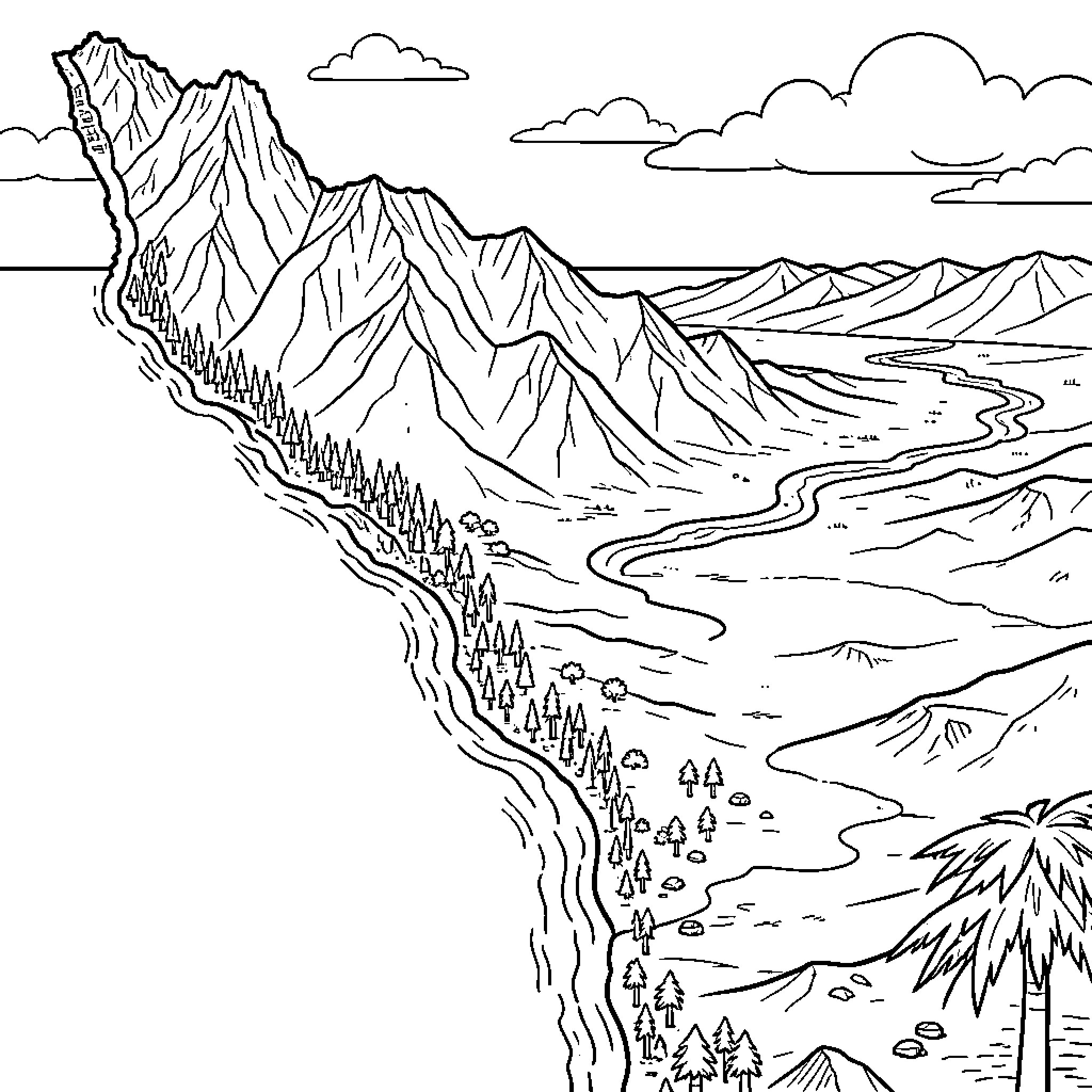 Chile landscape featuring mountains and a winding river Coloring Page (free black-and-white line drawing printable PDF for all, from beginners to advanced learners, including children, teens, adults, and seniors)