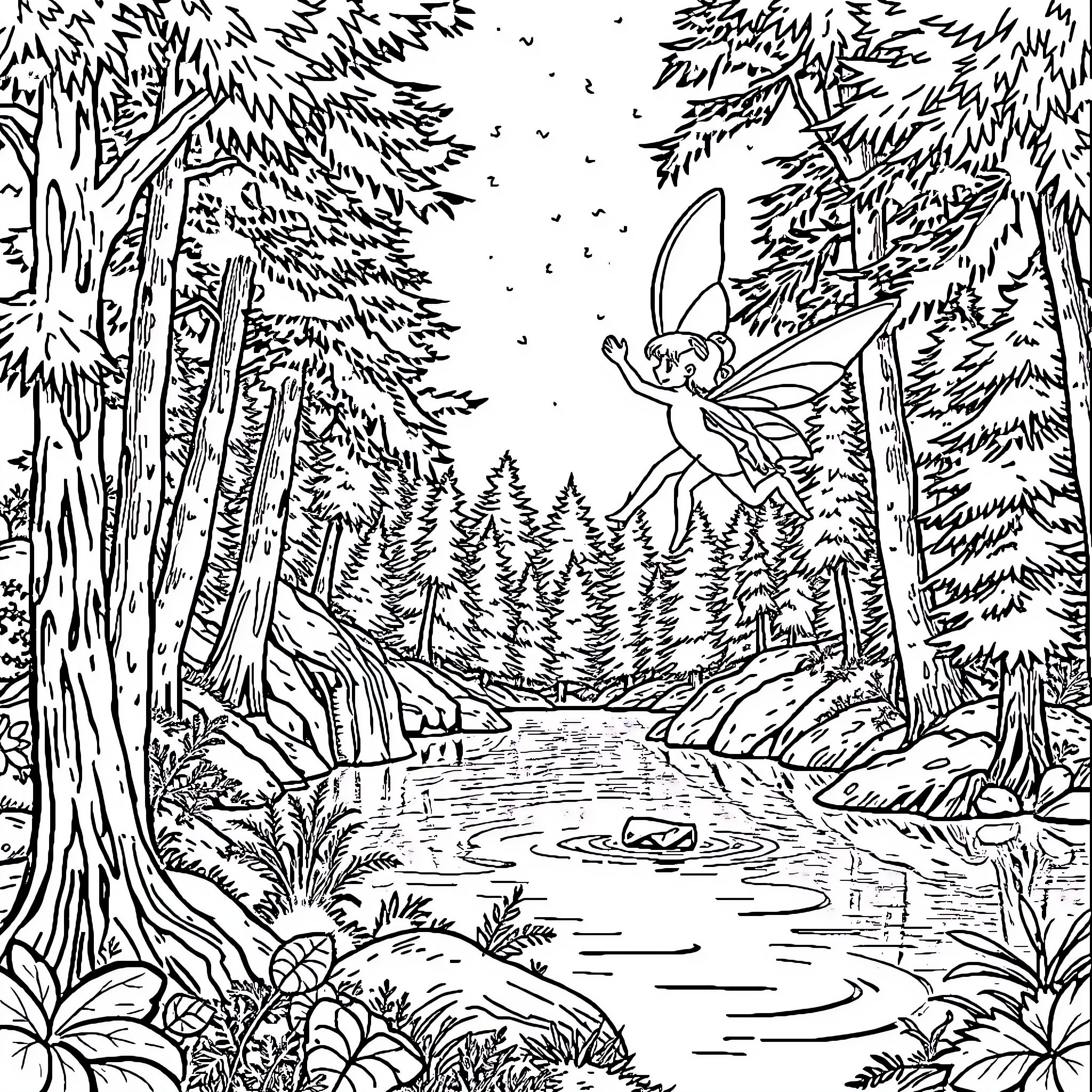 Fee Fairy Frolicking in Forested Fairyland Coloring Page (free black-and-white line drawing printable PDF for all, from beginners to advanced learners, including children, teens, adults, and seniors)